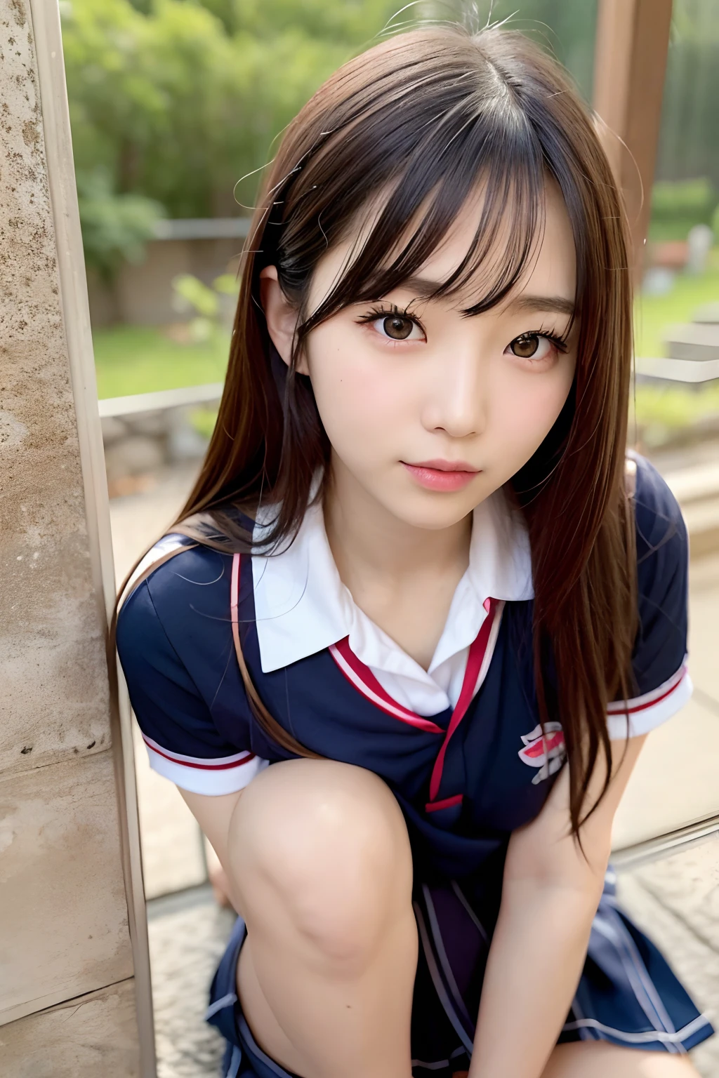 Close up portrait of Japan woman in short skirt, goddess of Japan, Sexy Girl, Japanese Models,Twin-tailed、 Beautiful Asian Girl, a japanese girl, a japanese girl, Chest that looks like it's going to burst, Man Japan Woman, Phenomenal cuteness、Open crotch、panty visible、Raised pubis、Phenomenally cute schoolgirl、Japan Girl Uniform、Wearing Japan school uniform、Japan School Uniforms、a hyperrealistic schoolgirl、Dressed as a schoolgirl、a hyperrealistic schoolgirl、Wearing a uniform、Realistic Schoolgirl、Girl in Uniform、Wearing a uniform、Schoolgirl Pose、full body Esbian、Nice skin、glistning skin、lovely thighs、glowing thigh、shining legs、bare-legged , High School in Japan 、Idol、Korean Idol、Invite you inside、Inviting eyes