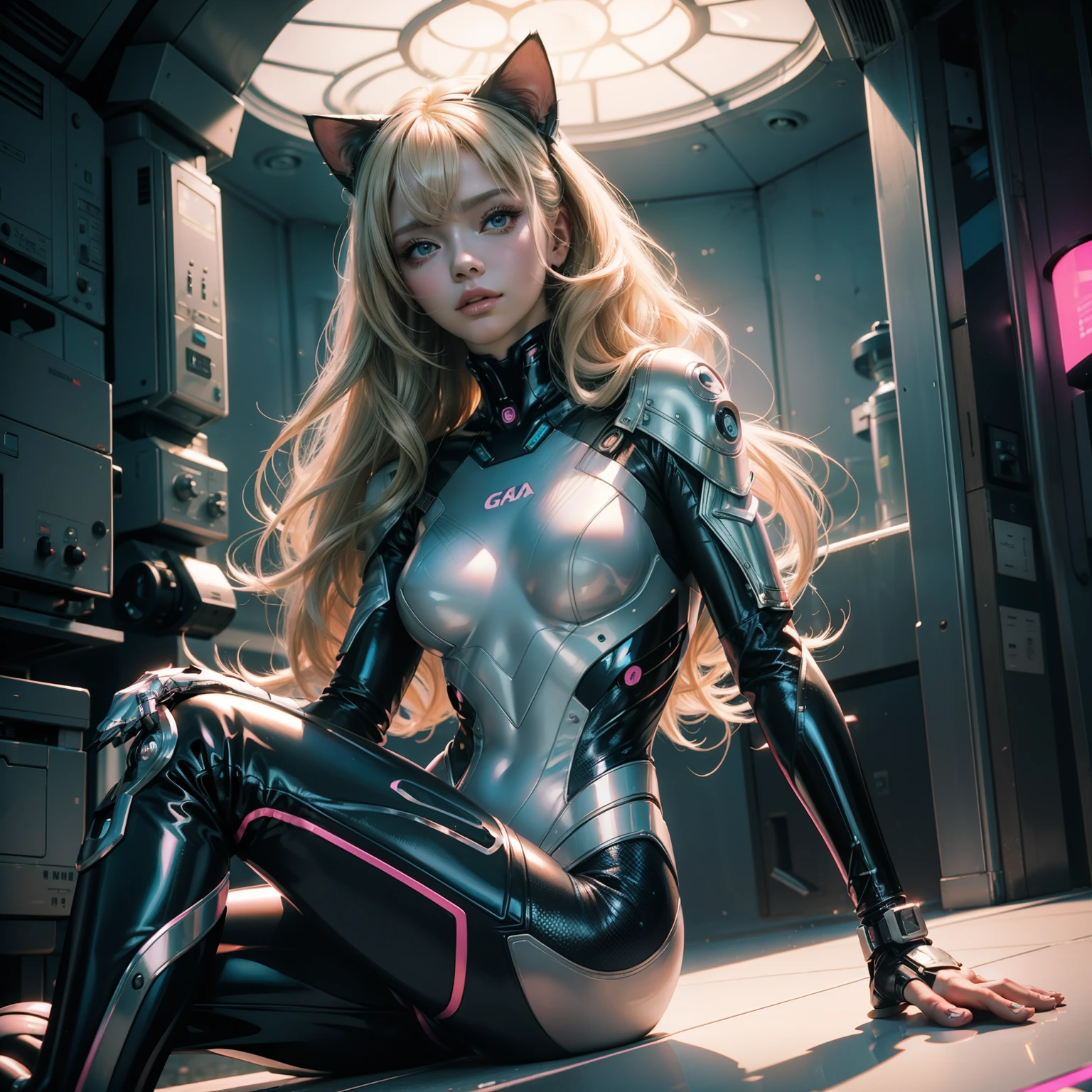 Blonde-haired woman in a pink and white costume sitting on a ledge, ( ( Mulher-gato ) ), cybernetic suit, mulher linda com rosto muito detalhado, inspirado em Yanjun Cheng, Yanjun Chengt, Ross Tran 8 K, Cosplay realista, mulher gato, catwoman, cat woman, cyber suit, Estilo futurista mulher gata, garota humana android feminina perfeita, cybersuits