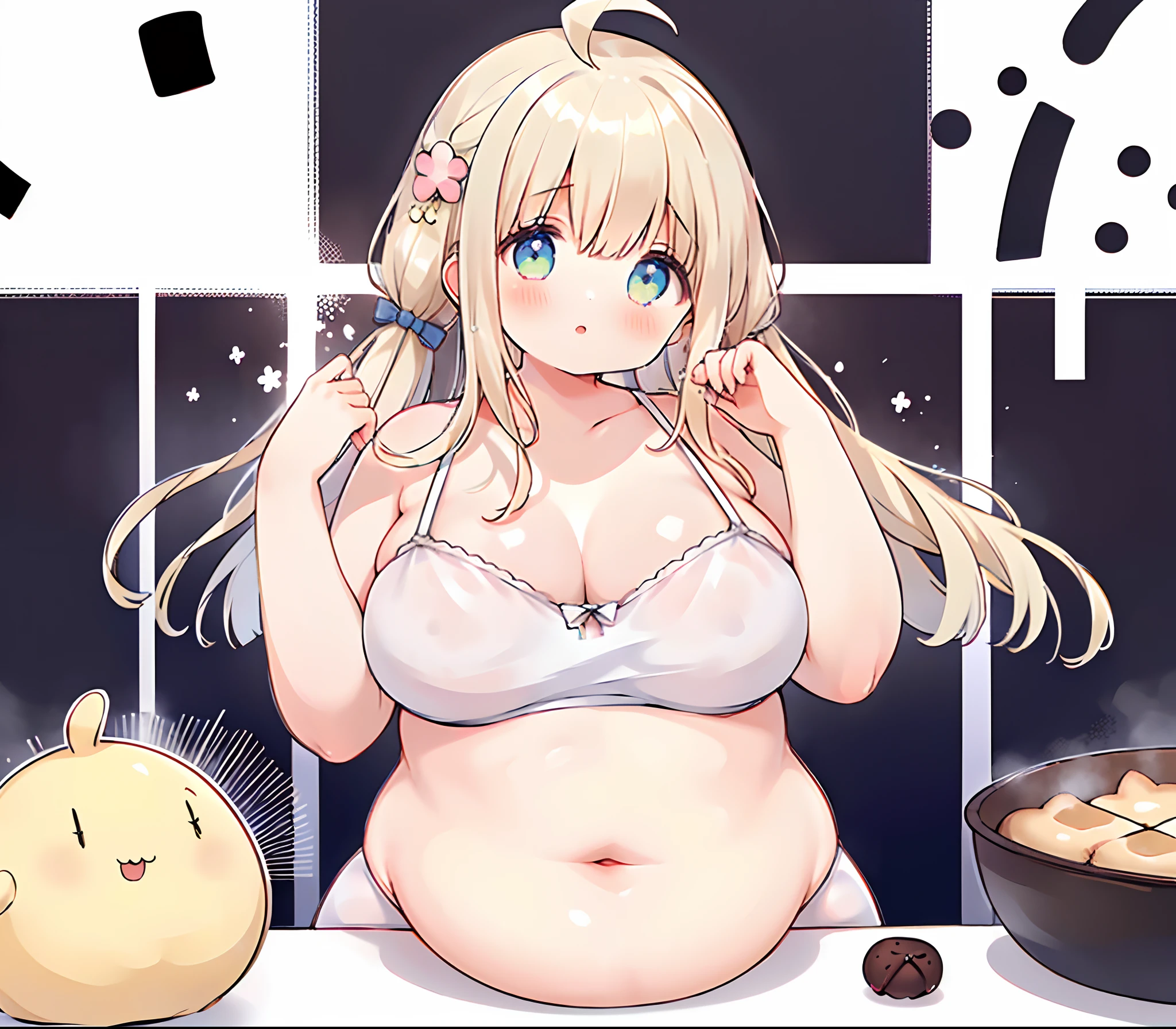 ((1 girl)), Pelo corto, ojos hermosos, bikini de pecho abierto, en una habitacion, (('s face)), ((en una cocina con muchas hamburguesas)), sonrojada, ((boca abierta)), ((manos perfectas)), ((pies perfectos)), rostro hermoso, ((pezones, tetas)), gorda, obesidad morbida, ((BLOB)), SSBBW, barriga gorda muy hinchada, muslos anchos gordos, piernas gordas, high resolusion, ultrasharp, 8k, Obra maestra,