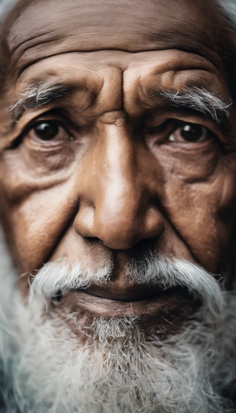 Detailed and macro photo of an elderly man's face, black skin, long white hair , Taken with a Sony A7r camera with a FE 50mm lens - F 2.8g lens.
