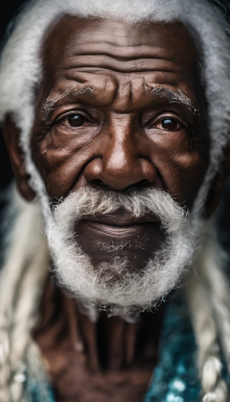 Detailed and macro photo of an elderly man's face, black skin, long white hair , Taken with a Sony A7r camera with a FE 50mm lens - F 2.8g lens.