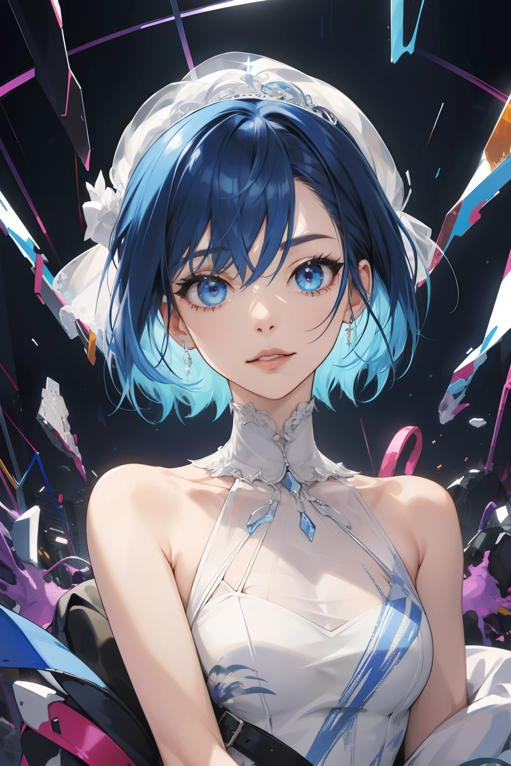(absurdres, highres, ultra detailed), (1girl:1.3), short blue hair, BREAK , glitch art, digital distortion, pixelated fragments, data corruption, colorful noise, visual chaos, contemporary aesthetics BREAK , enamel art, glass-like surface, vibrant colors, glossy finish, reflective textures, rich pigments, fluid forms BREAK , white wedding dress