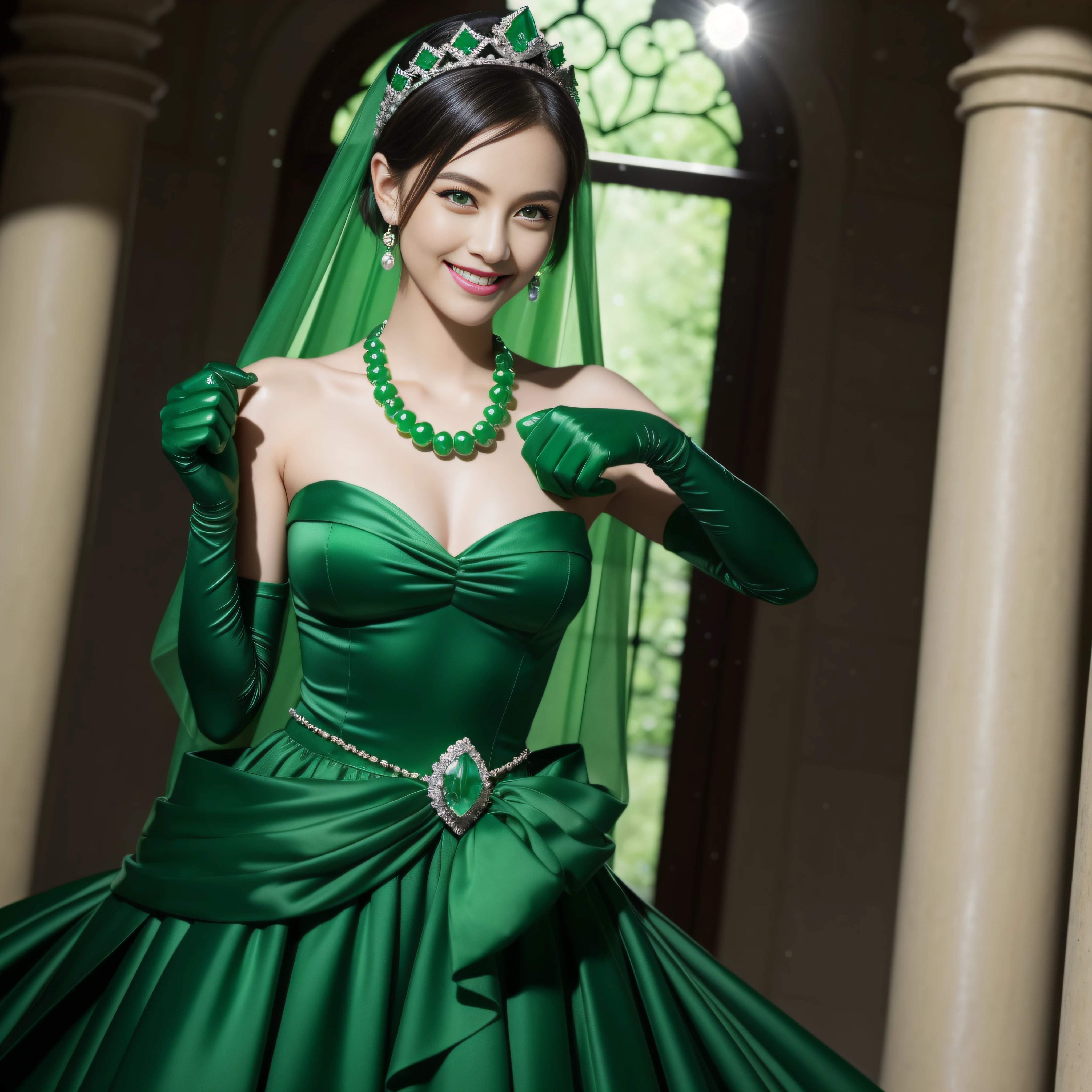 emerald tiara, Green Pearl Necklace, Boyish very short green hair, lipsticks, Japan woman smiling, very short short hair, fist, big breasts beautiful, Green eyes, Long green gloves made of satin material, Green eyes, Emerald Earrings