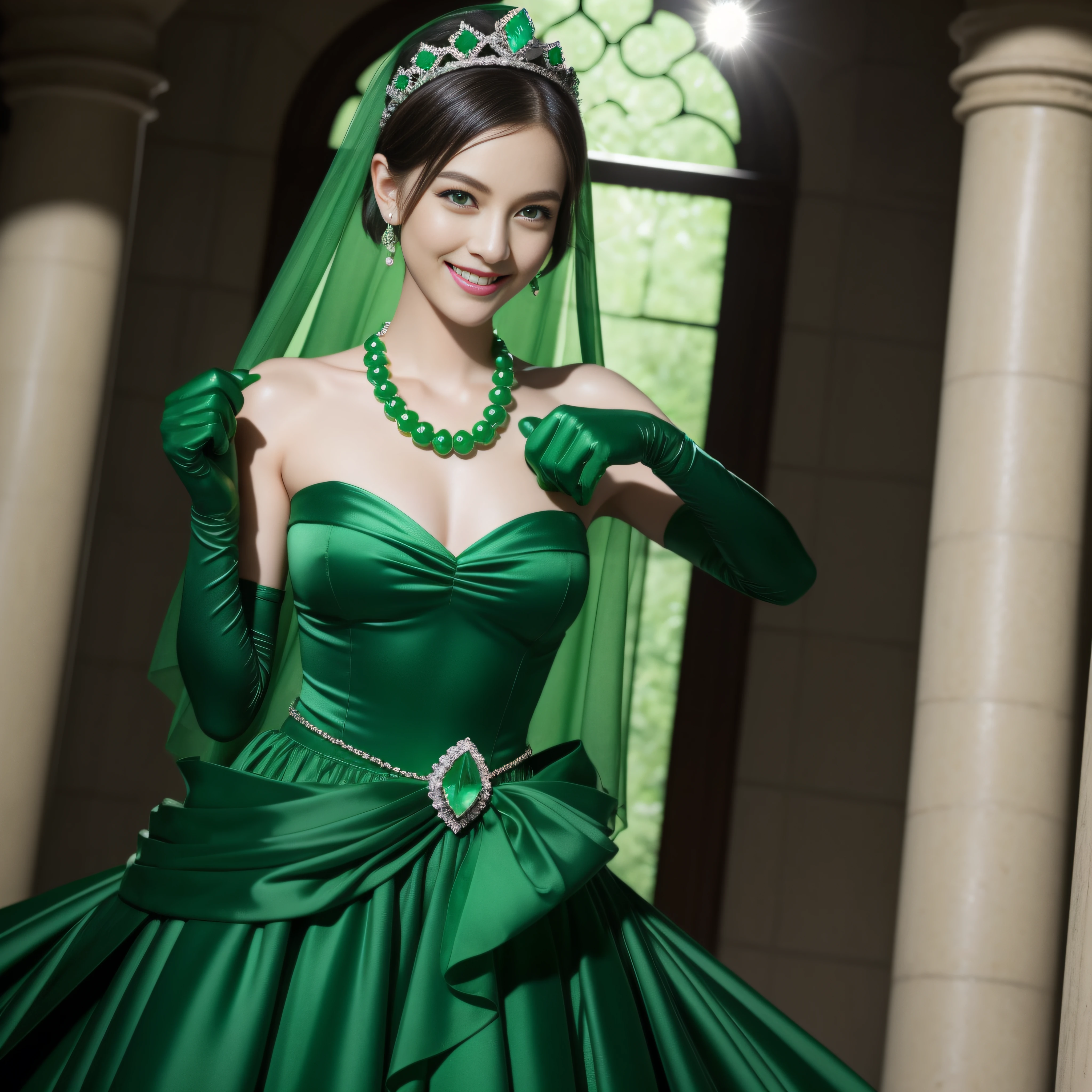 emerald tiara, Green Pearl Necklace, Boyish very short green hair, lipsticks, Japan woman smiling, very short short hair, fist, big breasts beautiful, Green eyes, Long green gloves made of satin material, Green eyes, Emerald Earrings