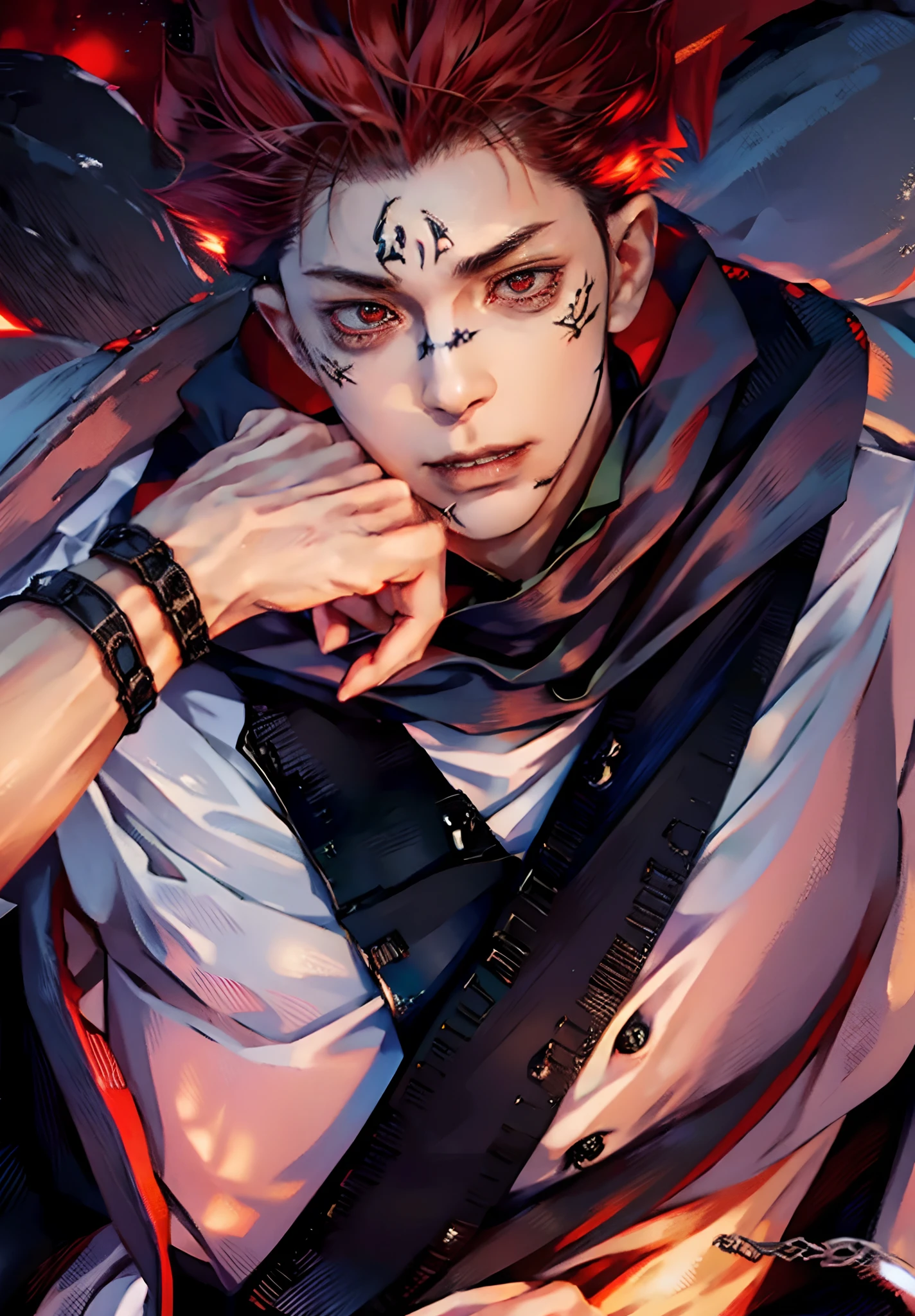 1man, itadori yuji mode sukuna in anime jujutsu kaisen, short hair , red hair, red light eyes, handsome, white clothes, realistic clothes, detail clothes, city background, ultra detail, realistic