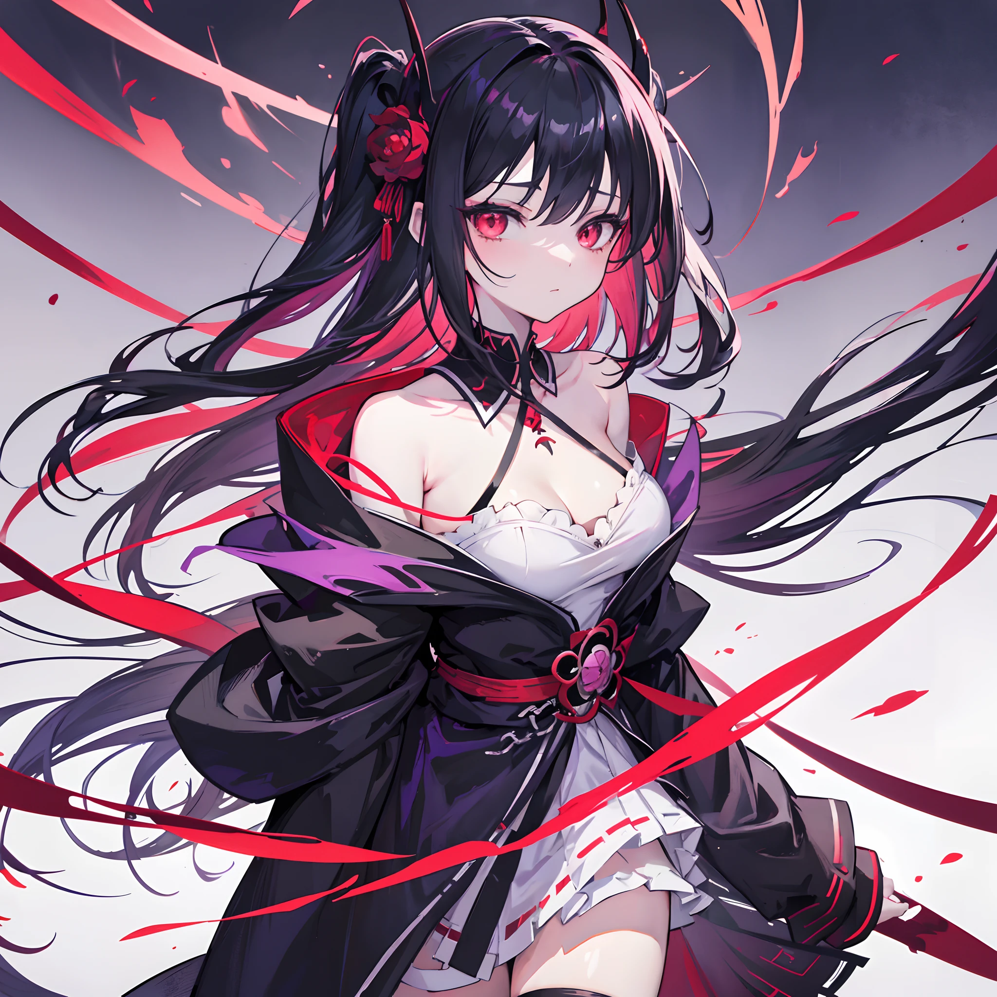 Demon girl - an album cover inspired by Jin Homura, trending on pixiv, shin hanga, demon girl, demon anime girl, gapmoe yandere grimdark, insanity girl summon her death, giesha demon, gapmoe yandere, from arknights, demon tail, mika kurai demon, ominous figure in the background, black hair and red eyes