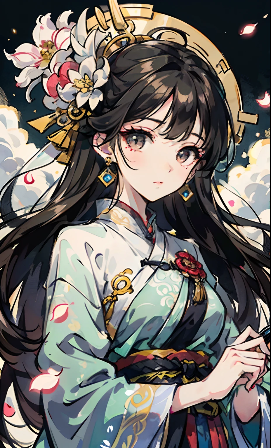 Official Art Illustration, Girl, Black Eyes, Black Hair Color, Floating Hair, Hairpin, Delicate Eyes, Intricate White Hanfu, Gorgeous Accessories, Intricate Filigree, Wearing Earrings, FOV, F/1.8, Masterpiece, Background with Ancient Chinese Style Architecture, Night, Petals Flying, Frontal Perspective, Chang'e, Side Light, Moonlight Shining on People, 8K, Hazy