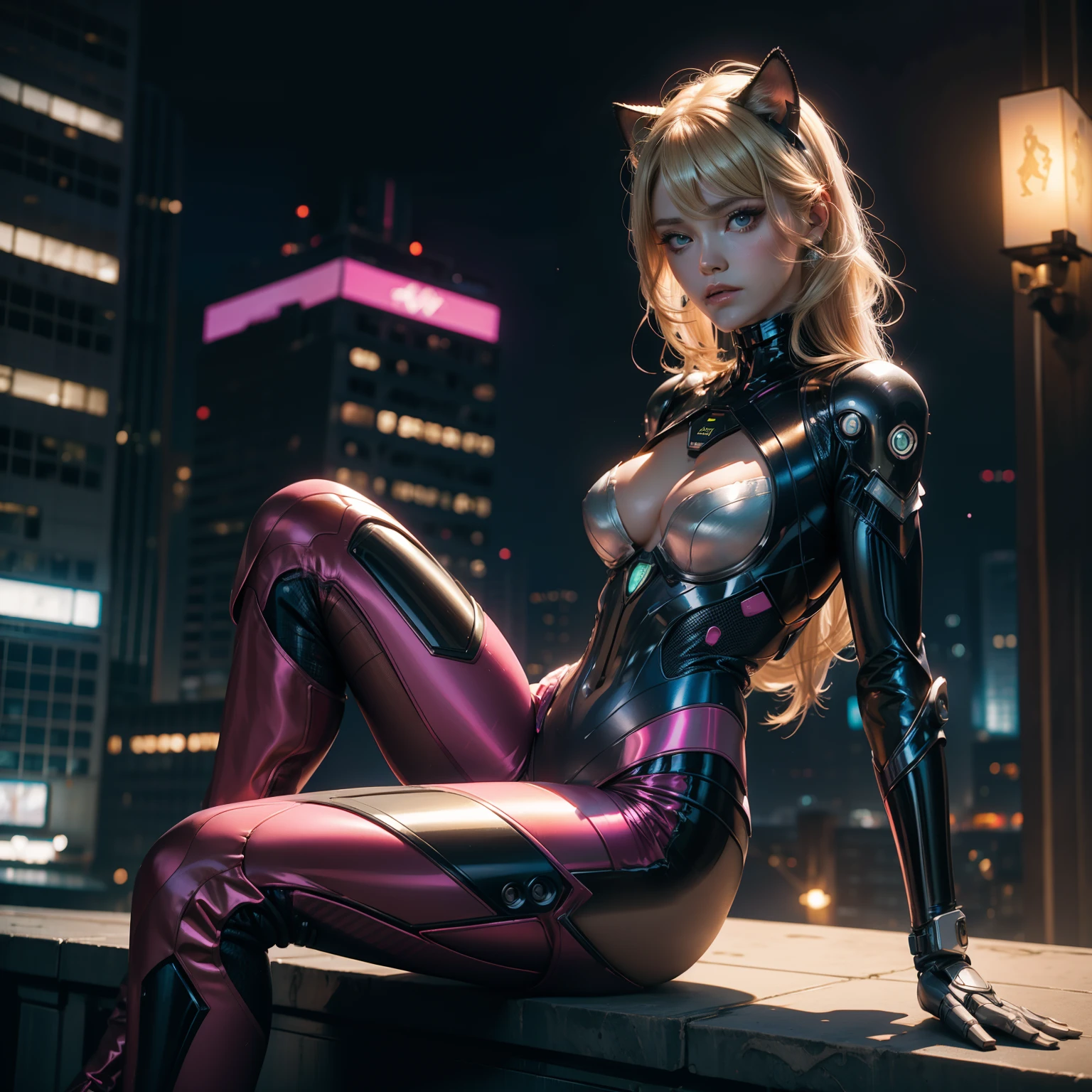 Blonde-haired woman in a pink and white costume sitting on a ledge, ( ( Mulher-gato ) ), cybernetic suit, mulher linda com rosto muito detalhado, inspirado em Yanjun Cheng, Yanjun Chengt, Ross Tran 8 K, Cosplay realista, mulher gato, catwoman, cat woman, cyber suit, Estilo futurista mulher gata, garota humana android feminina perfeita, cybersuits, sensual positions, provocative positions