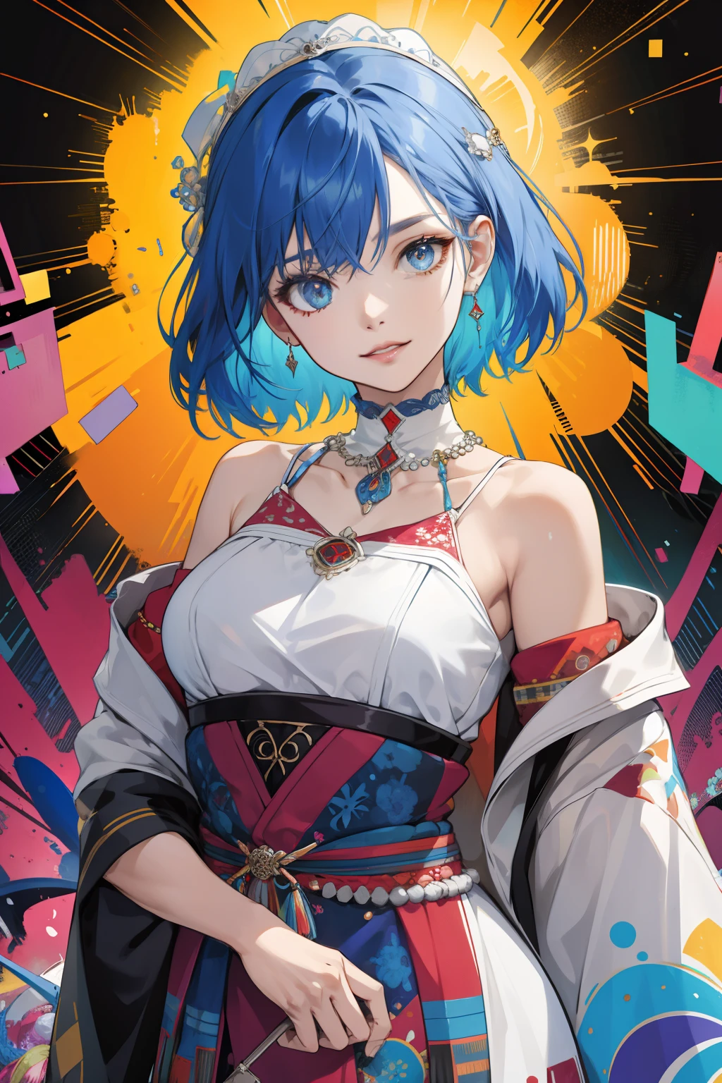 (absurdres, highres, ultra detailed), (1girl:1.3), short blue hair, BREAK , glitch art, digital distortion, pixelated fragments, data corruption, colorful noise, visual chaos, contemporary aesthetics BREAK , enamel art, glass-like surface, vibrant colors, glossy finish, reflective textures, rich pigments, fluid forms BREAK , ethnic style, wedding dress, vibrant patterns, handmade textiles, cultural motifs, beaded jewelry, artisanal accessories