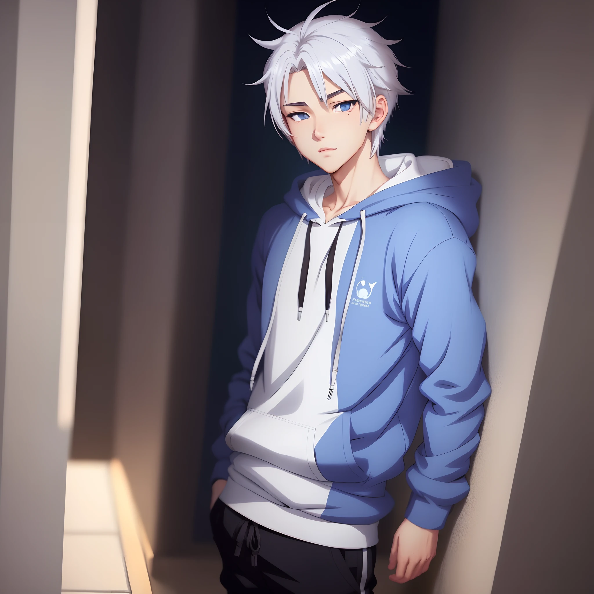 anime boy in a white hoodie with blue eyes, tall anime guy with blue eyes, anime boy, male anime style, high quality anime artstyle, kuvshinov ilya, young anime man, handsome anime pose, l · Lawliet, breathtaking ilya kuvshinov, clean detailed anime style, ilya kuvshinov style white hair