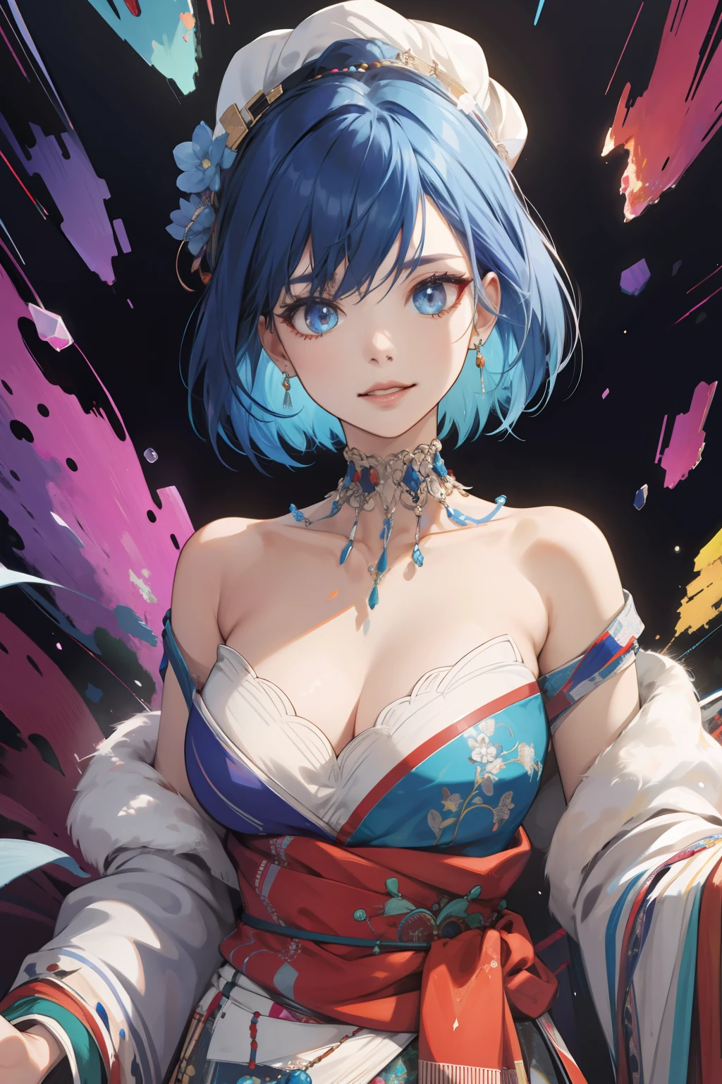 (absurdres, highres, ultra detailed), (1girl:1.3), short blue hair, BREAK , glitch art, digital distortion, pixelated fragments, data corruption, colorful noise, visual chaos, contemporary aesthetics BREAK , enamel art, glass-like surface, vibrant colors, glossy finish, reflective textures, rich pigments, fluid forms BREAK , ethnic style, wedding dress, vibrant patterns, handmade textiles, cultural motifs, beaded jewelry, artisanal accessories