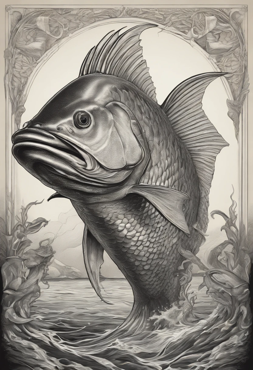 a drawing of a fish with a large mouth and a large body, a detailed drawing inspired by Earnst Haeckel, behance contest winner, pop surrealism, lovecraftian sea creature, aaron horkey, aquatic creature, aaron horkey style, dzo, highly detailed creature, lovecraftian creature, hajime sorayama aaron horkey, detailed creature