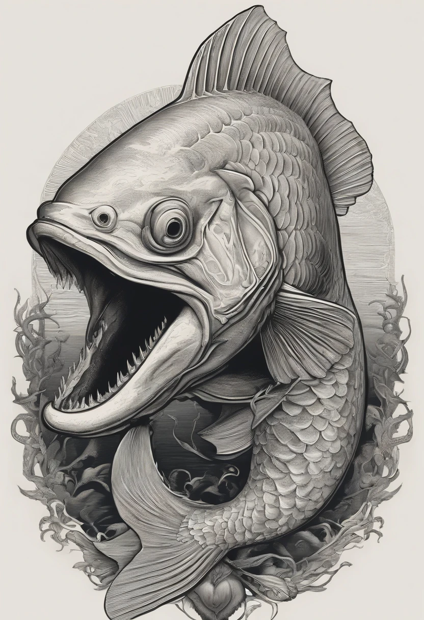 a drawing of a fish with a large mouth and a large body, a detailed drawing inspired by Earnst Haeckel, behance contest winner, pop surrealism, lovecraftian sea creature, aaron horkey, aquatic creature, aaron horkey style, dzo, highly detailed creature, lovecraftian creature, hajime sorayama aaron horkey, detailed creature