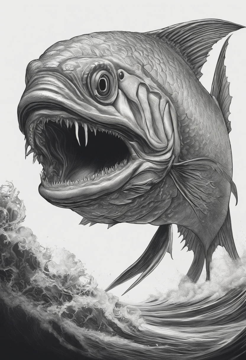 a drawing of a fish with a large mouth and a large body, a detailed drawing inspired by Earnst Haeckel, behance contest winner, pop surrealism, lovecraftian sea creature, aaron horkey, aquatic creature, aaron horkey style, dzo, highly detailed creature, lovecraftian creature, hajime sorayama aaron horkey, detailed creature