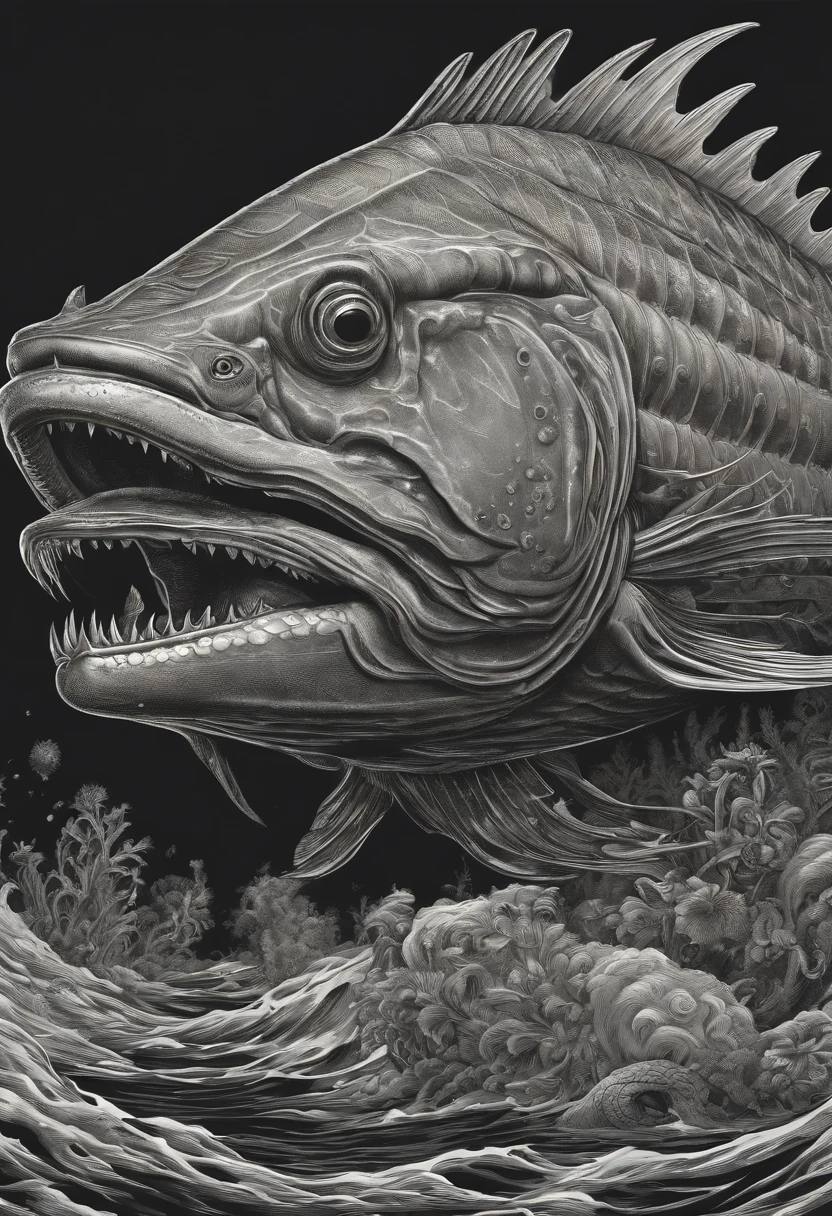 a drawing of a fish with a large mouth and a large body, lovecraftian sea creature, aaron horkey, aquatic creature, inspired by Earnst Haeckel, aaron horkey style, dzo, highly detailed creature, lovecraftian creature, by Chris Rahn, hajime sorayama aaron horkey, detailed creature