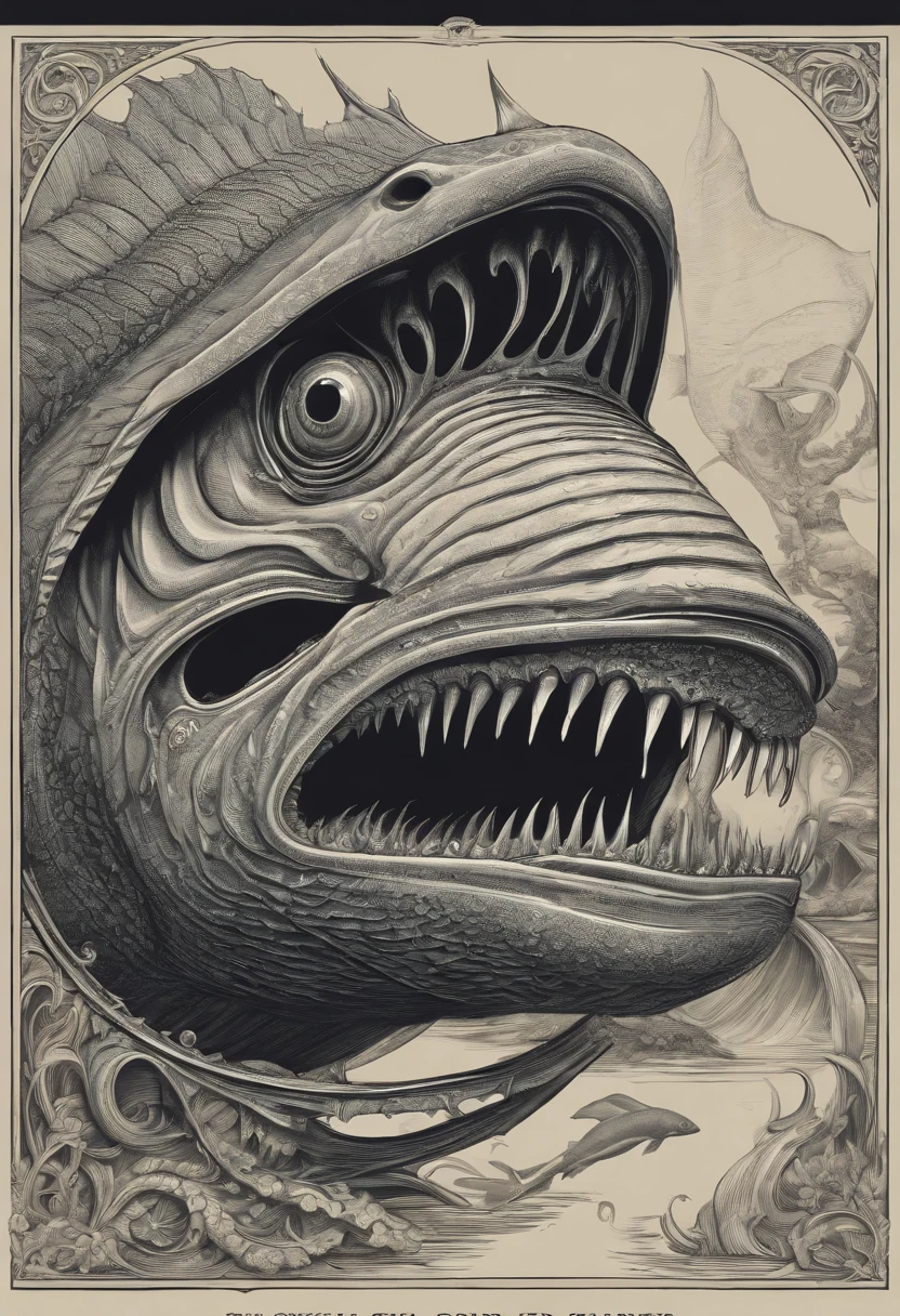 a drawing of a fish with a large mouth and a large body, lovecraftian sea creature, aaron horkey, aquatic creature, inspired by Earnst Haeckel, aaron horkey style, dzo, highly detailed creature, lovecraftian creature, by Chris Rahn, hajime sorayama aaron horkey, detailed creature