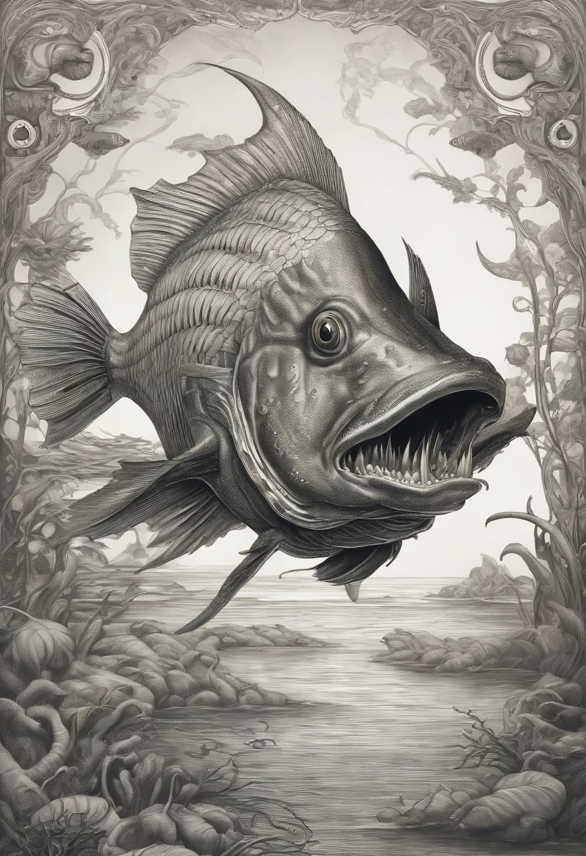a drawing of a fish with a large mouth and a large body, lovecraftian sea creature, aaron horkey, aquatic creature, inspired by Earnst Haeckel, aaron horkey style, dzo, highly detailed creature, lovecraftian creature, by Chris Rahn, hajime sorayama aaron horkey, detailed creature