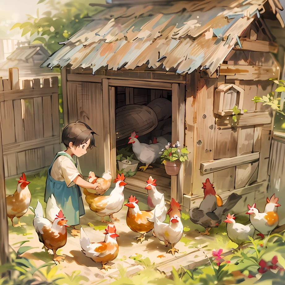 Chicken coop in the morning、Small shed、Chickens are laying eggs、A boy takes an egg、Old woman feeds chickens、The door of the coop opens and the chickens come out、Looking at it from above at an angle、Cat sitting next to old woman、Boy in the chicken coop、Old woman and cat outside the hut、Garden land feeds in old houses、Chickens10bolt、