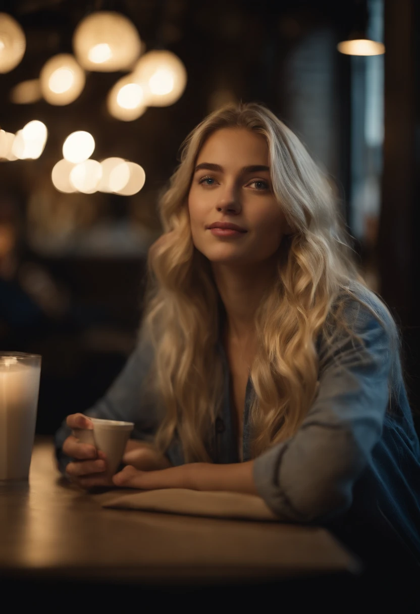 8k, UHD, Highres, masterpiece, award winning, High detailed raw color of girl blonde streaked hair , blue eyes, sitting in a restaurant, drink coffee, people, lights, professional lighting, Sony FE GM, 85mm, f/2.8, Ultra-Wide Angle, perspective
