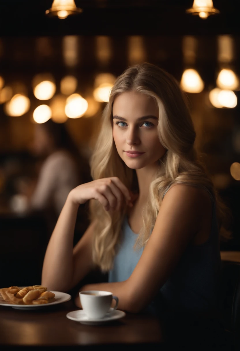 8k, UHD, Highres, masterpiece, award winning, High detailed raw color of girl blonde streaked hair , blue eyes, sitting in a restaurant, drink coffee, people, lights, professional lighting, Sony FE GM, 85mm, f/2.8, Ultra-Wide Angle, perspective