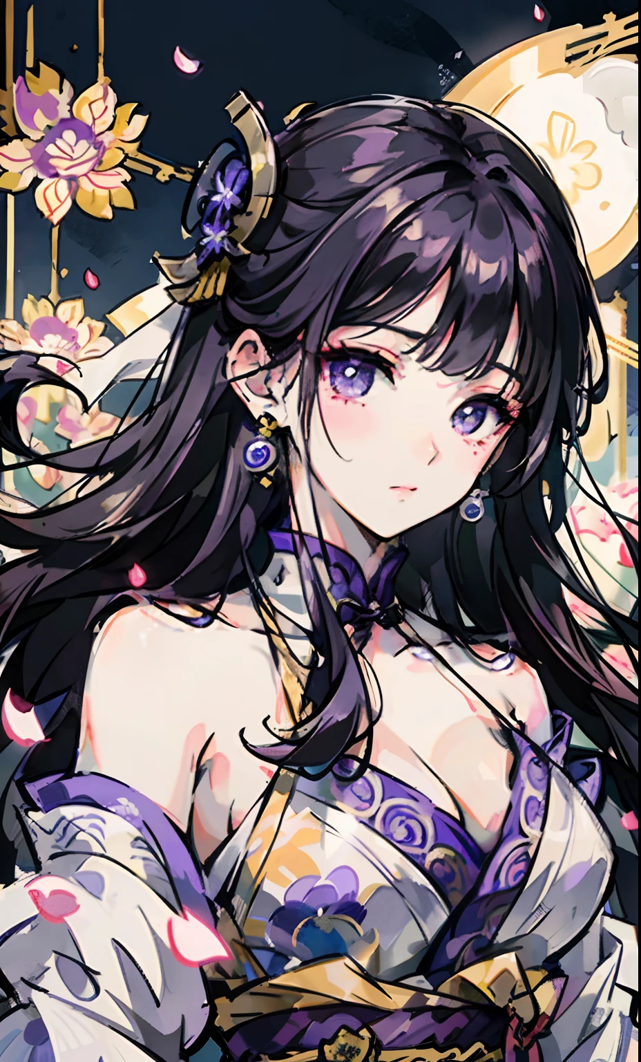 Official Art Illustration, Girl, Black Eyes, Black Hair Color, Floating Hair, Hairpin, Delicate Eyes, Intricate White Hanfu, Gorgeous Accessories, Intricate Filigree, Wearing Earrings, FOV, F/1.8, Masterpiece, Background with Ancient Chinese Style Architecture, Night, Petals Flying, Frontal Perspective, Chang'e, Side Light, Moonlight Shining on People, 8K, Hazy, purple hair, purple eyes, raiden shogun