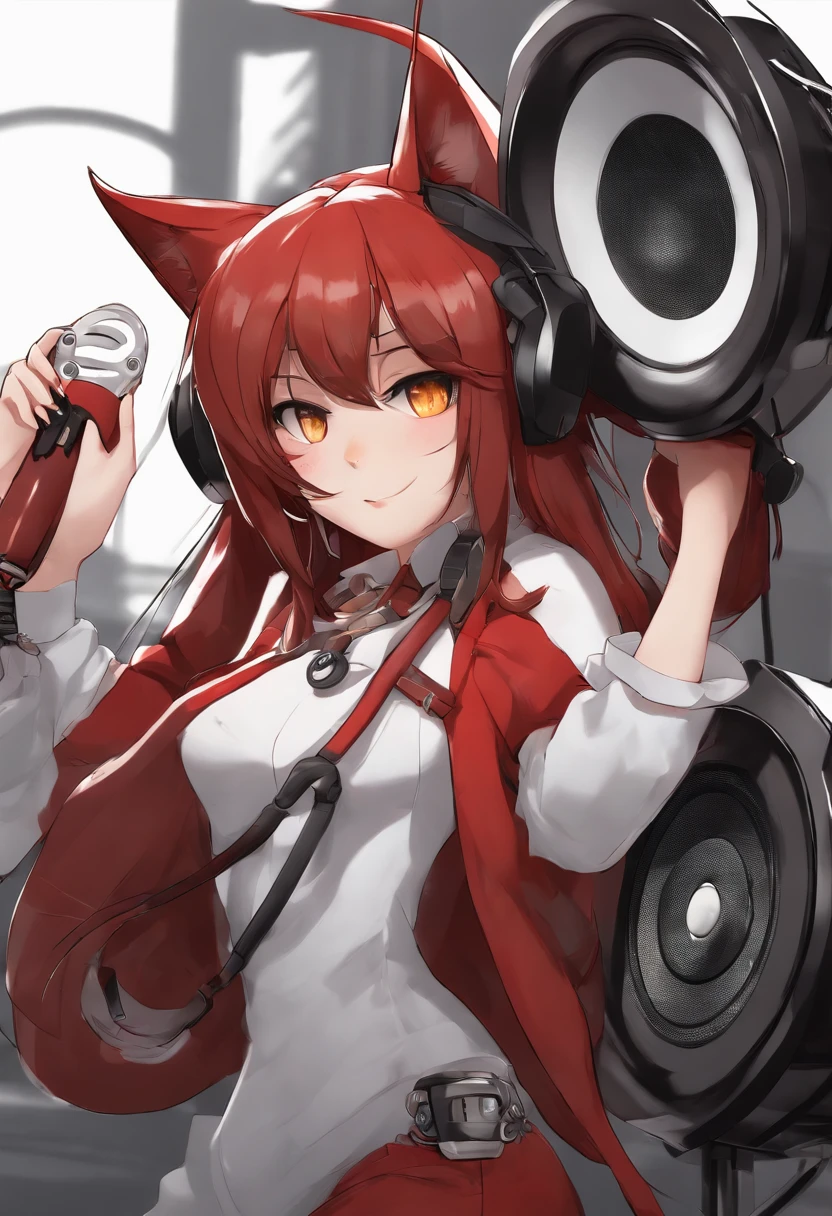 cartoon of a girl with a microphone and a pair of speakers, guilty gear art style, fully robotic!! catgirl, nekomimi, badass pose, digital art from danganronpa, demonic atmosphere, cel - shaded art style, artistic render of reimu hakurei, anime style”, reimu hakurei, sonic oc, unknown artstyle