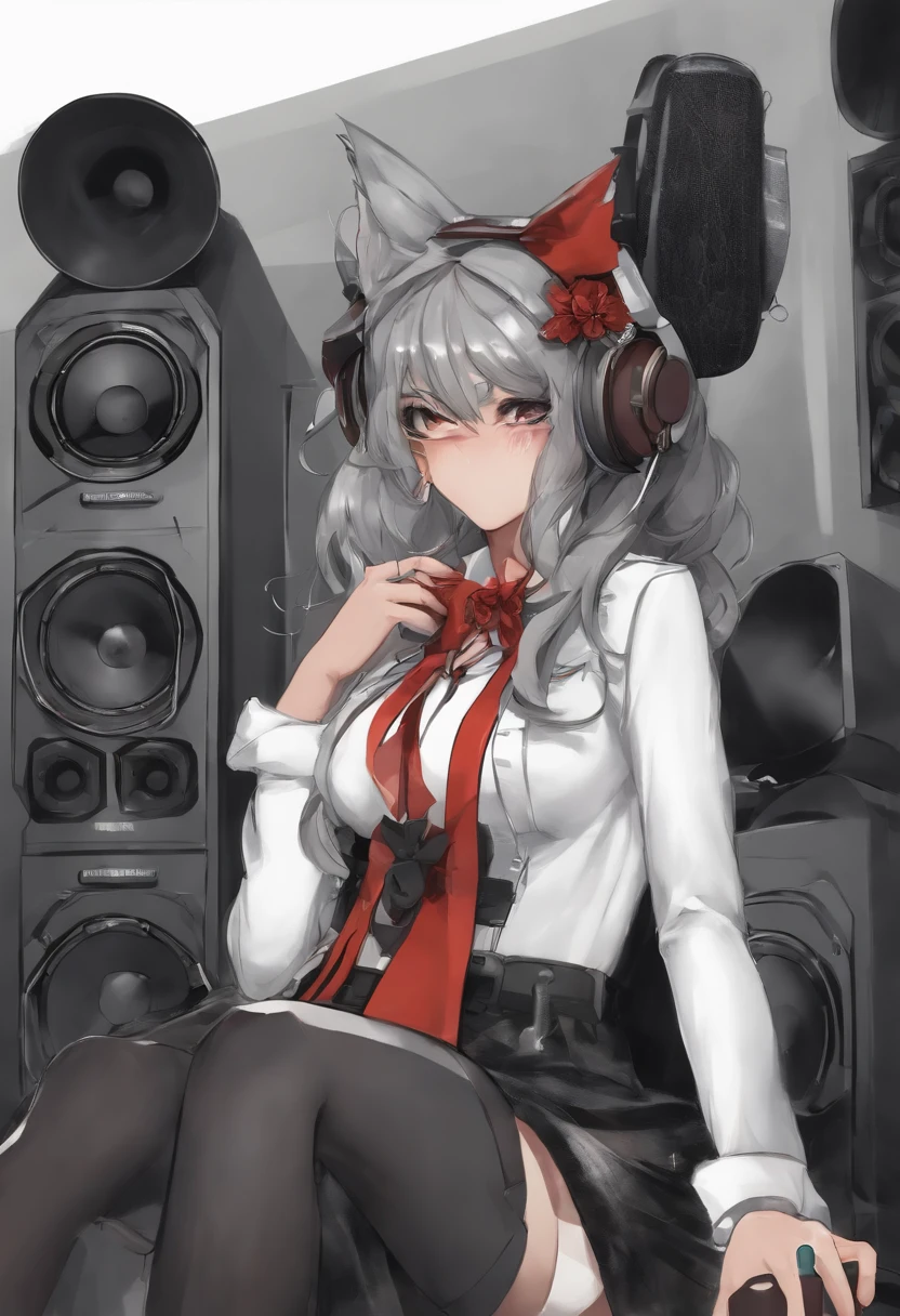 cartoon of a girl with a microphone and a pair of speakers, a sketch inspired by Leiko Ikemura, tumblr, sots art, guilty gear art style, fully robotic!! catgirl, nekomimi, badass pose, digital art from danganronpa, demonic atmosphere, cel - shaded art style, artistic render of reimu hakurei