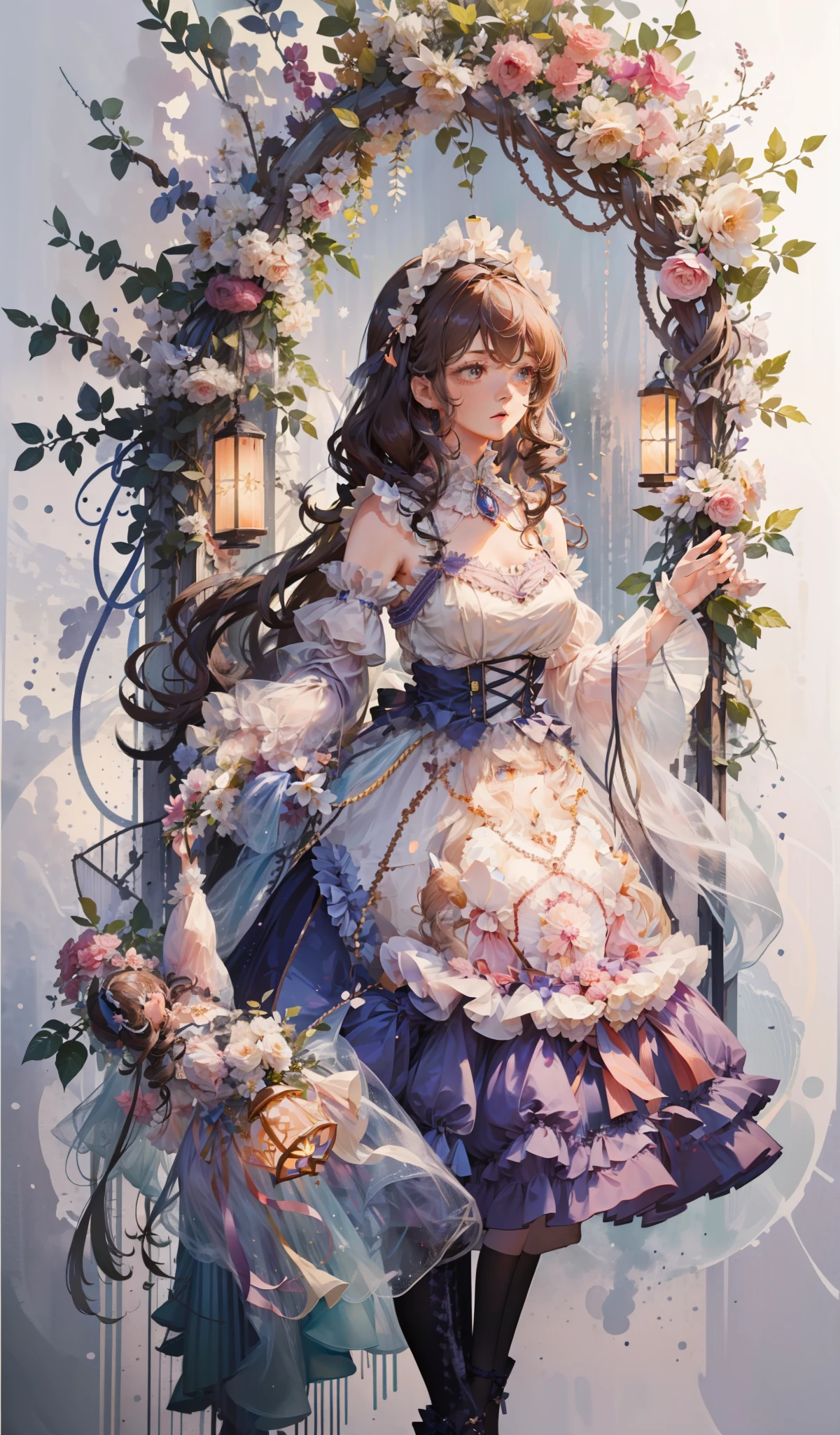 (Extremely delicate and beautiful:1.5),1girll, standing on your feet，full bodyesbian，By bangs, Gemstone eyes, Contre-Jour，Long curly hair, ta dress, brown  hair, Keep one's mouth shut, seen from the side, Lanterns, light particules, longer sleeves, looking at viewert，pink bows，独奏