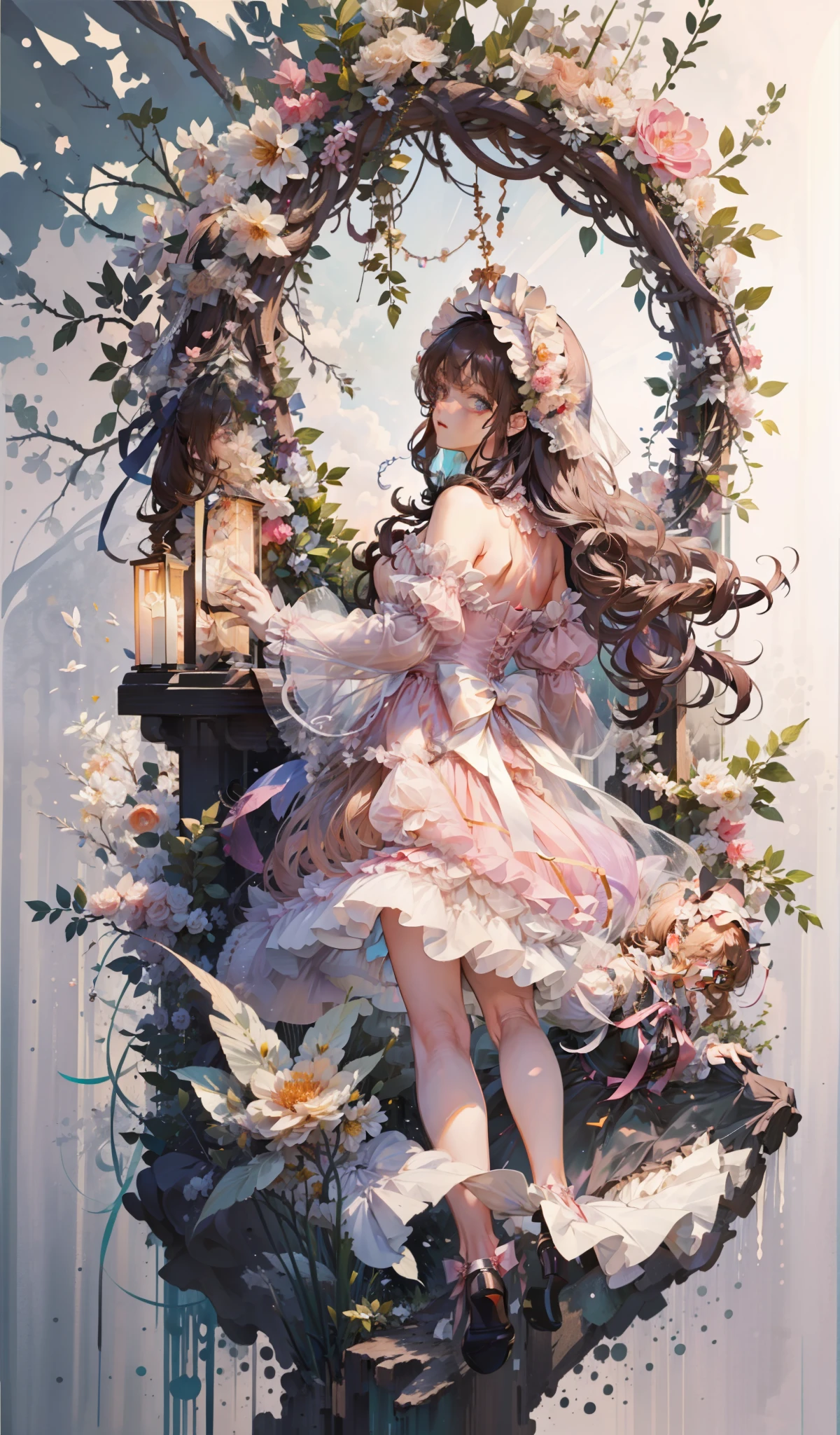 (Extremely delicate and beautiful:1.5),1girll, standing on your feet,full bodyesbian,By bangs, Gemstone eyes, Contre-Jour,Long curly hair, ta dress, brown hair, Keep one's mouth shut, seen from the side, Lanterns, light particules, longer sleeves, looking at viewert,pink bows,独奏
