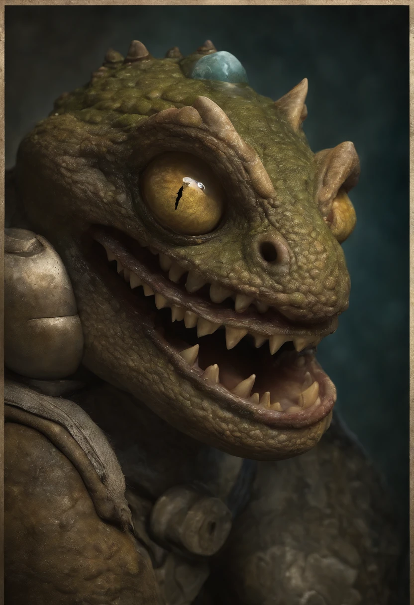 a close up of a cartoon character with a big smile, concept art by Andrew Ferez, behance contest winner, pop surrealism, award winning creature portrait, frogfolk, full color illustration, anthropomorphic creature, humanoid frog monster, dzo, epic full color illustration, full art illustration, frogzilla creature, detailed creature, exquisite creature poster art
