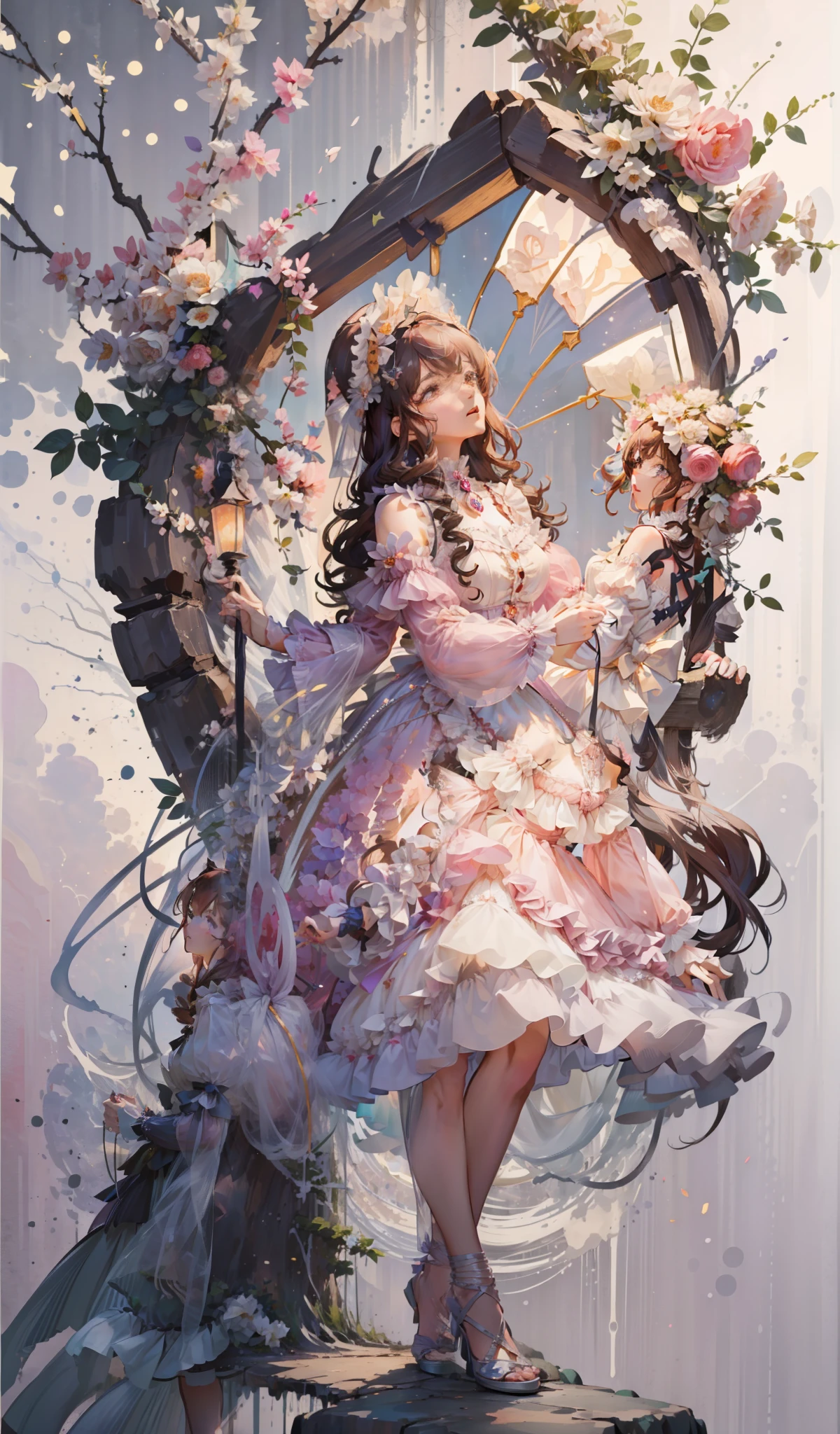 (Extremely delicate and beautiful:1.5),1girll, standing on your feet,full bodyesbian,By bangs, Gemstone eyes, Contre-Jour,Long curly hair, ta dress, brown hair, Keep one's mouth shut, seen from the side, Lanterns, light particules, longer sleeves, looking at viewert,pink bows,独奏
