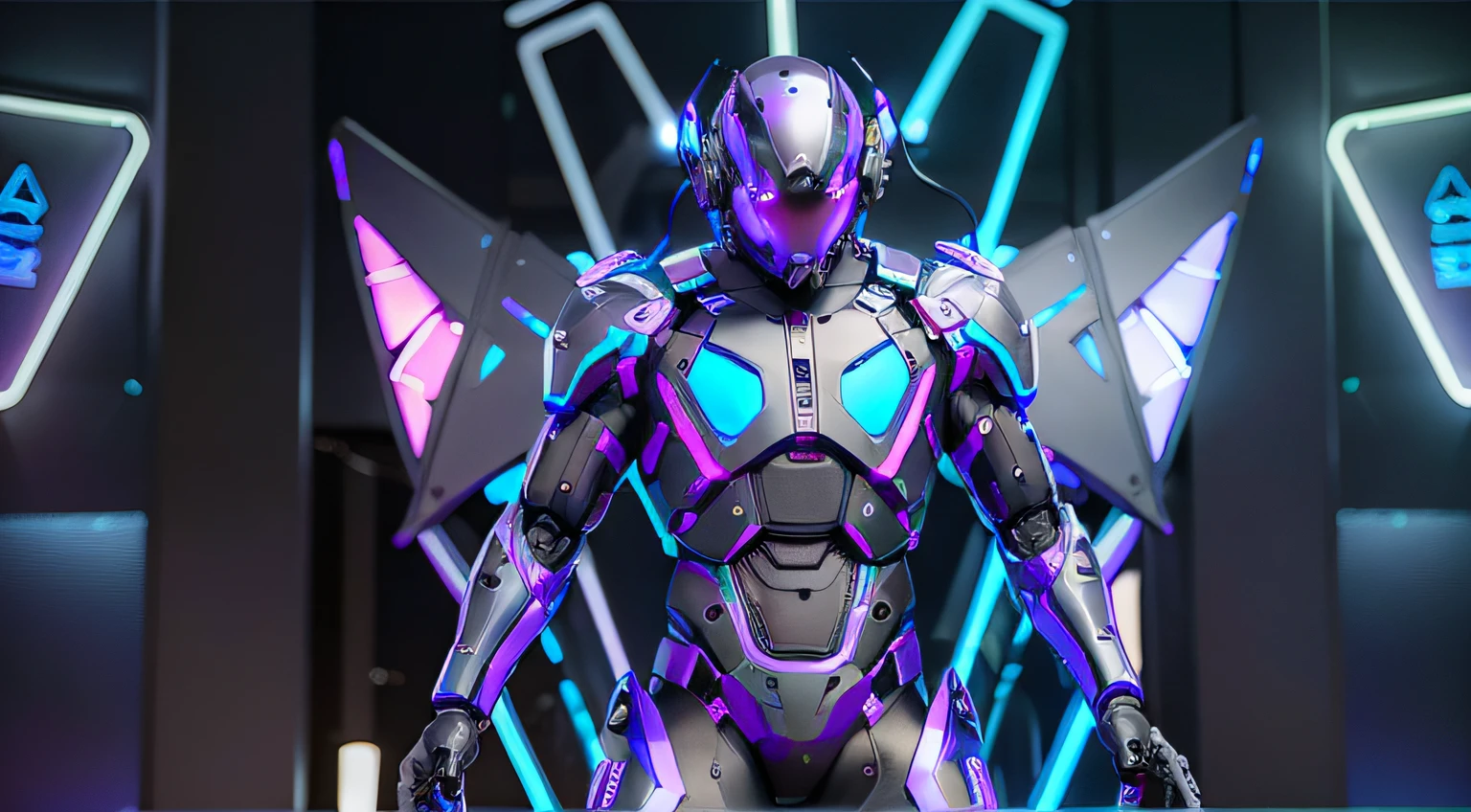 MALE. MAN. MAN. MALE..wings leds, divine paradise. neon blue and Purple butterfly wings leds. heavenly illumination. God. Holy robotic. levitating. Position of god. Deitado na cama. strong, robust and masculine body. fat arms. Position of divinity. Floating. divine statue, pedestal, holy pedestal. levitating. masterpiece, best quality, a close up of a futuristic looking cyborg man with a fantastic cyber helmet head with blue and Purple triangle led lights and a halo, full body, dancing. dance. synthwave ballad. silver pants. wearing a blue and Purple techwear jacket, white church in background. jump, full body, robotic legs. divine statue, pedestal, holy pedestal. neon blue and Purple butterfly wings leds. MASCULINE. MALE MASCULINE. Boy Muscular