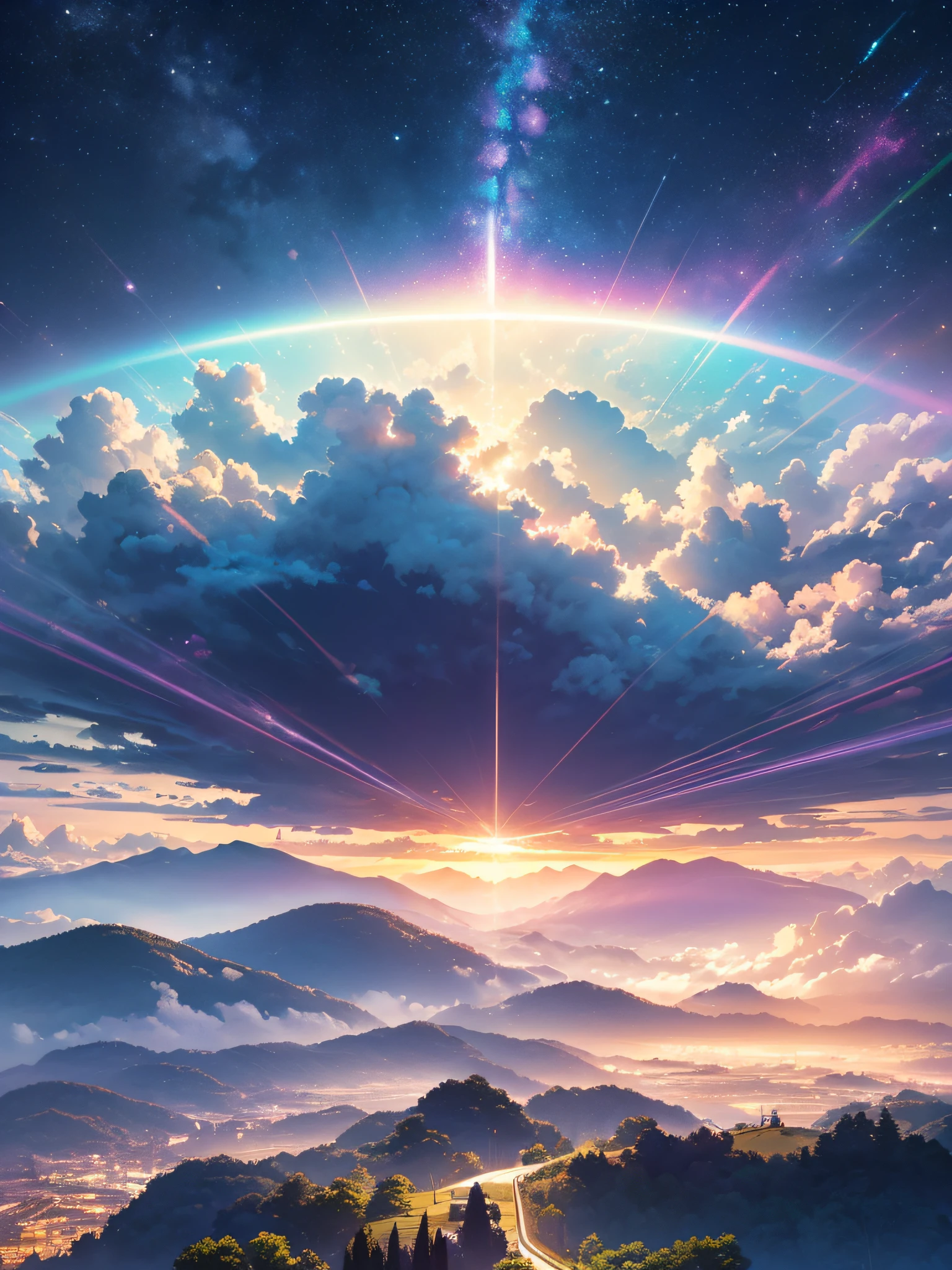 Oakigahara forest, image deepening, (ultra-realistic), {extremely detailed 8k CG unit wallpaper}, expansive landscape photography, (a view from below that prioritizes the sky above, wide view of open countryside), (photo low angle), (high light: 0.5), (low light: 0.5), (warm light source: 1.2), complex details, (iridescent colors: 2.0), (bright lighting), (atmospheric lighting), dreamy, magical landscape