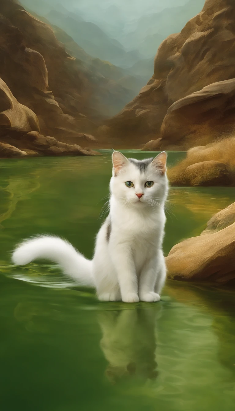 A cat is in a fluid landscape Fluid landscape Fluid landscape Song dynasty fine brushstroke landscape painting rendered in 4D cinema Organic flow forms Gothic landforms and landforms Light green and white Mediterranean landscape Fluid formation