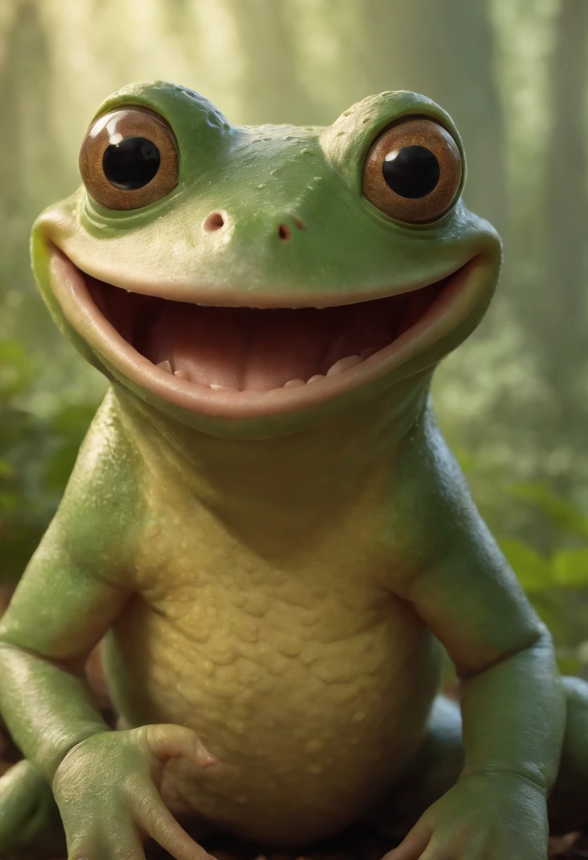 a close up of a cartoon character with a big smile, concept art by Andrew Ferez, behance contest winner, pop surrealism, award winning creature portrait, frogfolk, full color illustration, anthropomorphic creature, humanoid frog monster, dzo, epic full color illustration, full art illustration, frogzilla creature, detailed creature, exquisite creature poster art