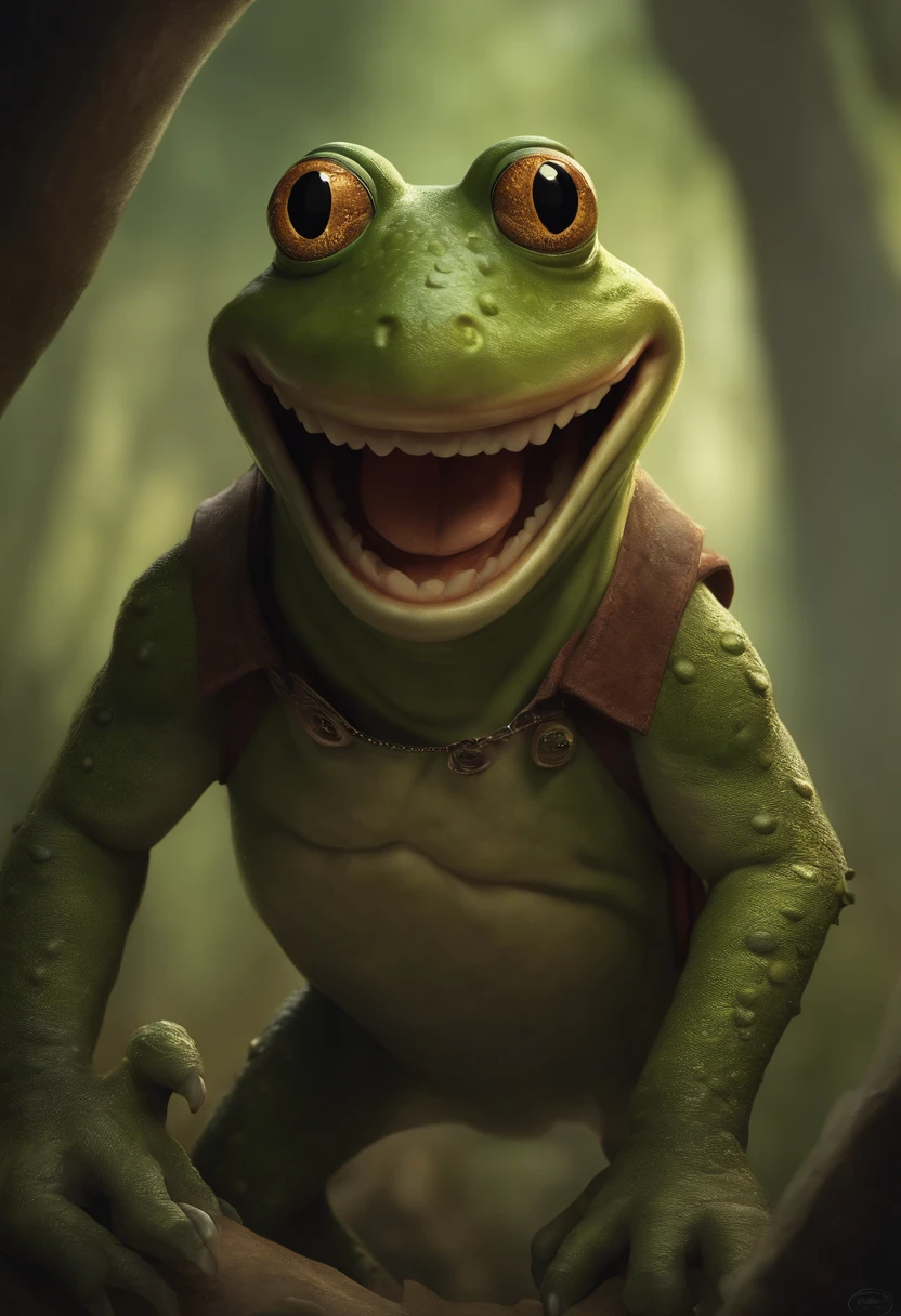 a close up of a cartoon character with a big smile, concept art by Andrew Ferez, behance contest winner, pop surrealism, award winning creature portrait, frogfolk, full color illustration, anthropomorphic creature, humanoid frog monster, dzo, epic full color illustration, full art illustration, frogzilla creature, detailed creature, exquisite creature poster art