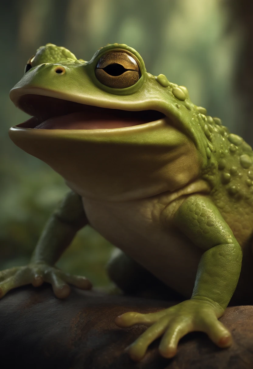 a close up of a cartoon character with a big smile, concept art by Andrew Ferez, behance contest winner, pop surrealism, award winning creature portrait, frogfolk, full color illustration, anthropomorphic creature, humanoid frog monster, dzo, epic full color illustration, full art illustration, frogzilla creature, detailed creature, exquisite creature poster art