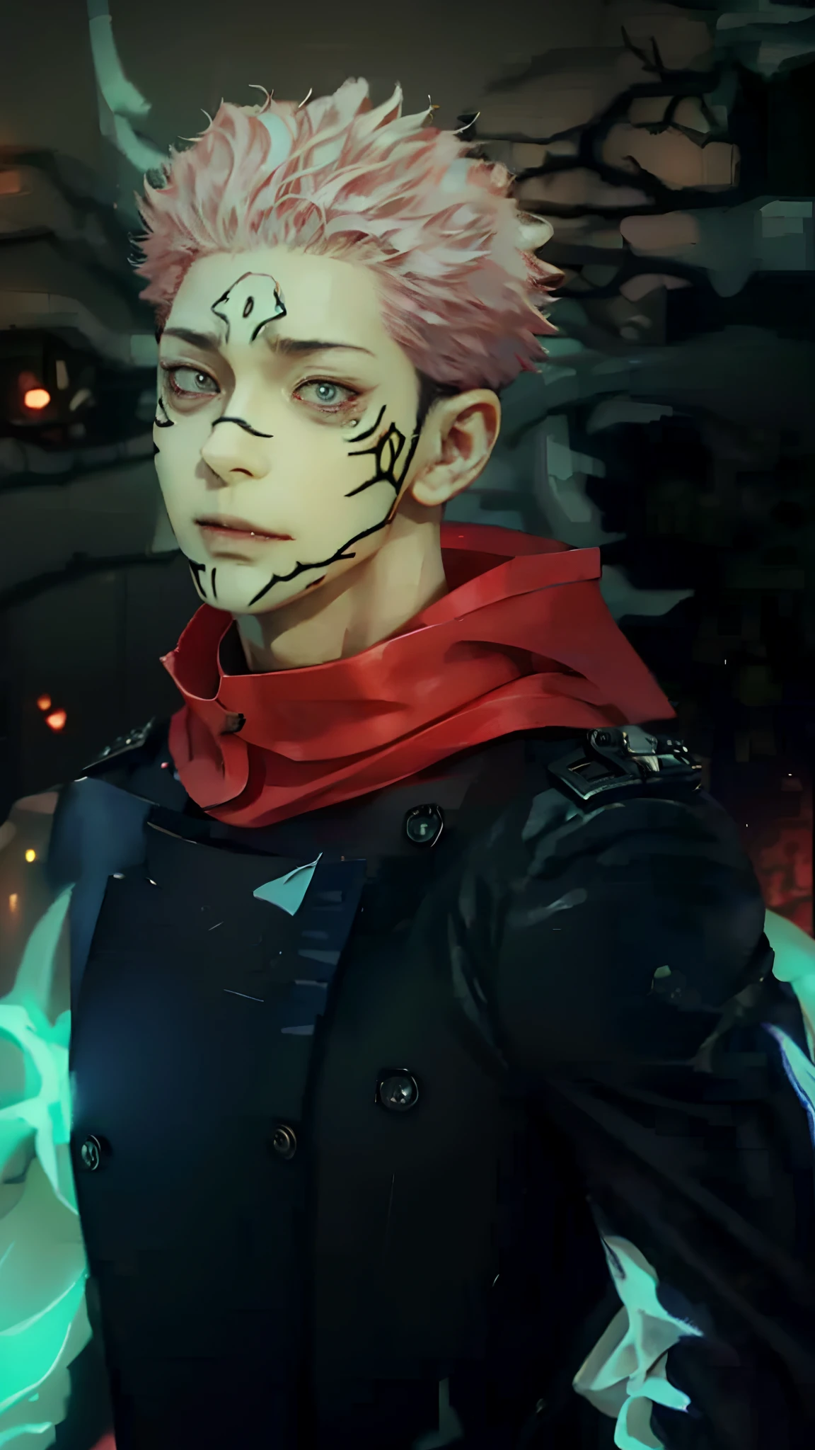1man, itadori yuji mode sukuna in anime jujutsu kaisen, short hair , pink hair, red light eyes, handsome, black clothes, realistic clothes, detail clothes, city background, ultra detail, realistic