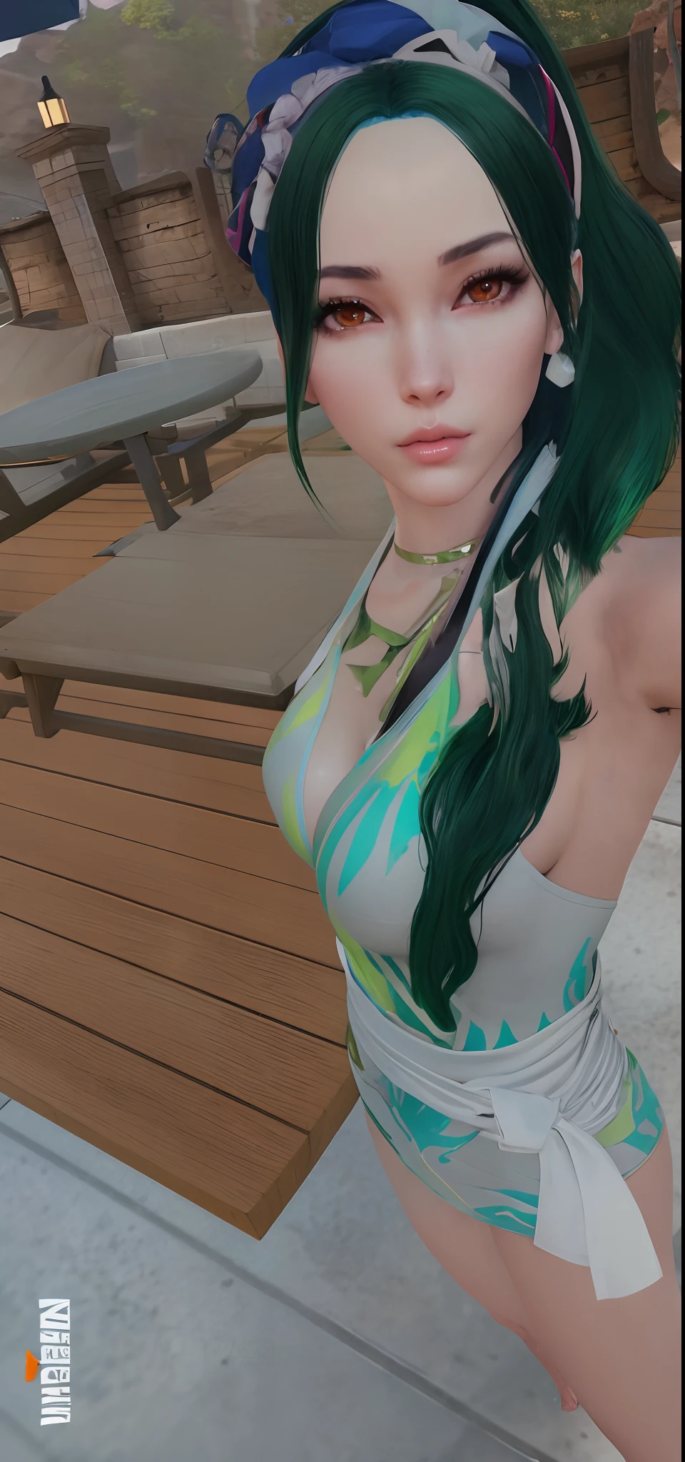 there is a woman with green hair and a blue headband, second life avatar, close up half body shot, upper body close up, close up bust shot, green flowing hair, neck zoomed in from lips down, secondlife, upper body avatar, detailed unblurred face, [ 4 k photorealism ]!!, full body close-up shot, teal skin, big boobs