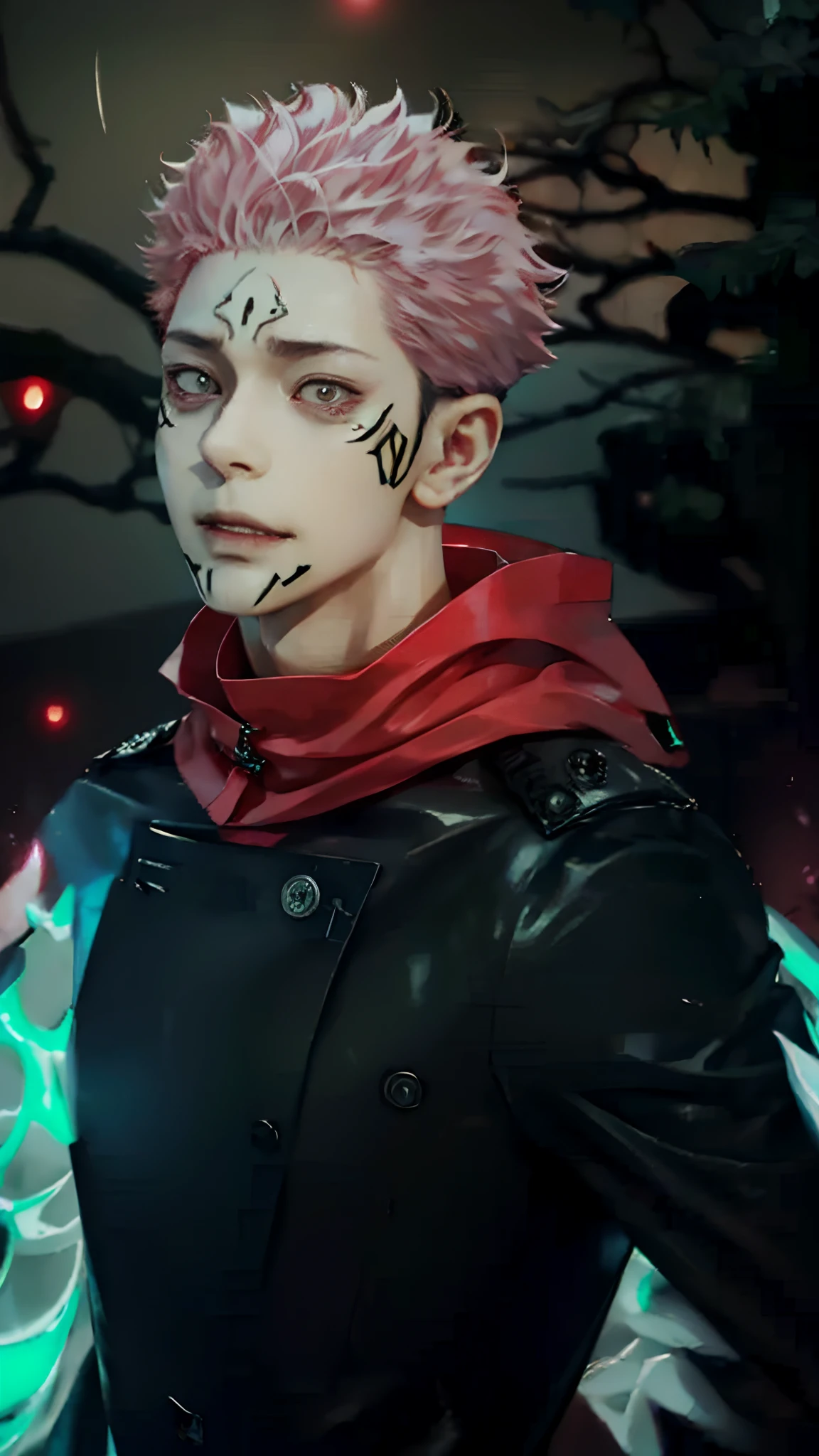1man, itadori yuji mode sukuna in anime jujutsu kaisen, short hair , pink hair, red light eyes, handsome, black clothes, realistic clothes, detail clothes, city background, ultra detail, realistic