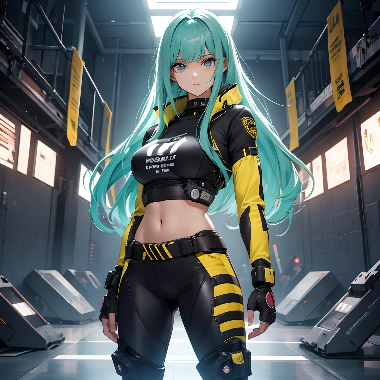 uma mulher de 20 anos, cabelo longo preto, olhos azuis, It features futuristic cybernetic arm implants in place of human arms, camiseta amarela sem mangas, um cachecol vermelho, camouflaged pants, Botas de guerra pretas, standing on her feet, looking-into-camera, pose with arms at the waist