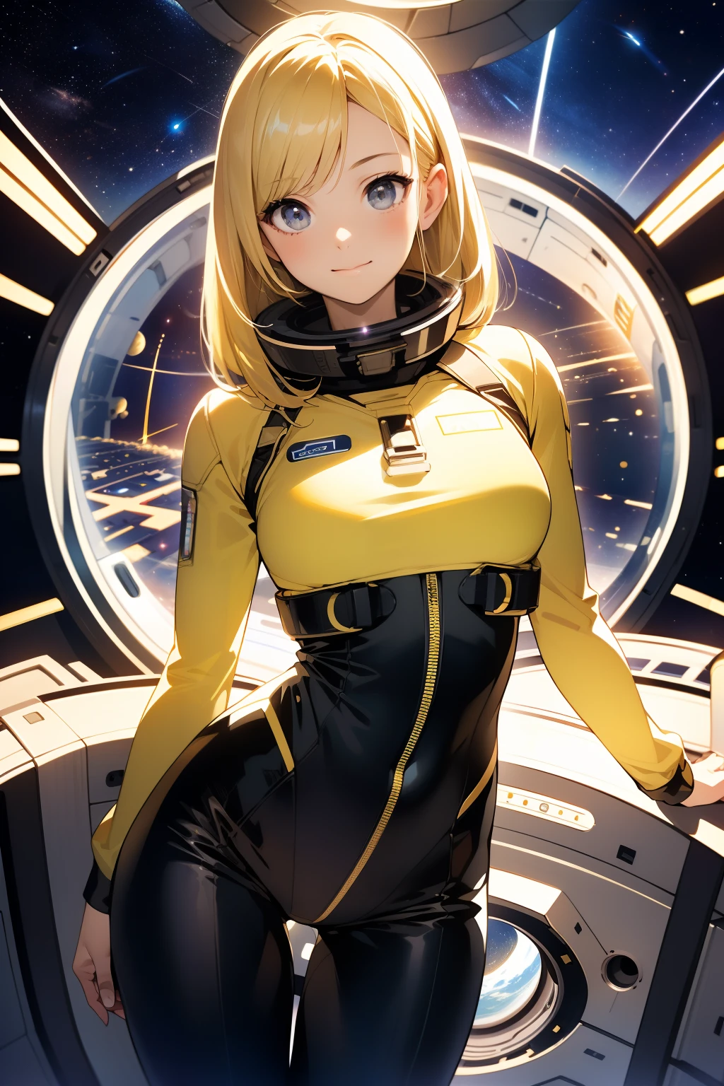 (masterpiece, best quality:1.2), (cowboy shot:1.1), solo, 1girl, mori yuki, slight smile, closed mouth, looking at viewer, blonde hair, thigh gap, yellow bodysuit, skin-tight, perfect body, belt, long blonde hair, large window, (starship porthole:1.3), from front, (spread legs:1.3), (standing:1.1), thigh gap, perfect hands, bright starship interior, (outer space view:1.1), (orbital view:1.3), (night, stary sky:1.5), milky way