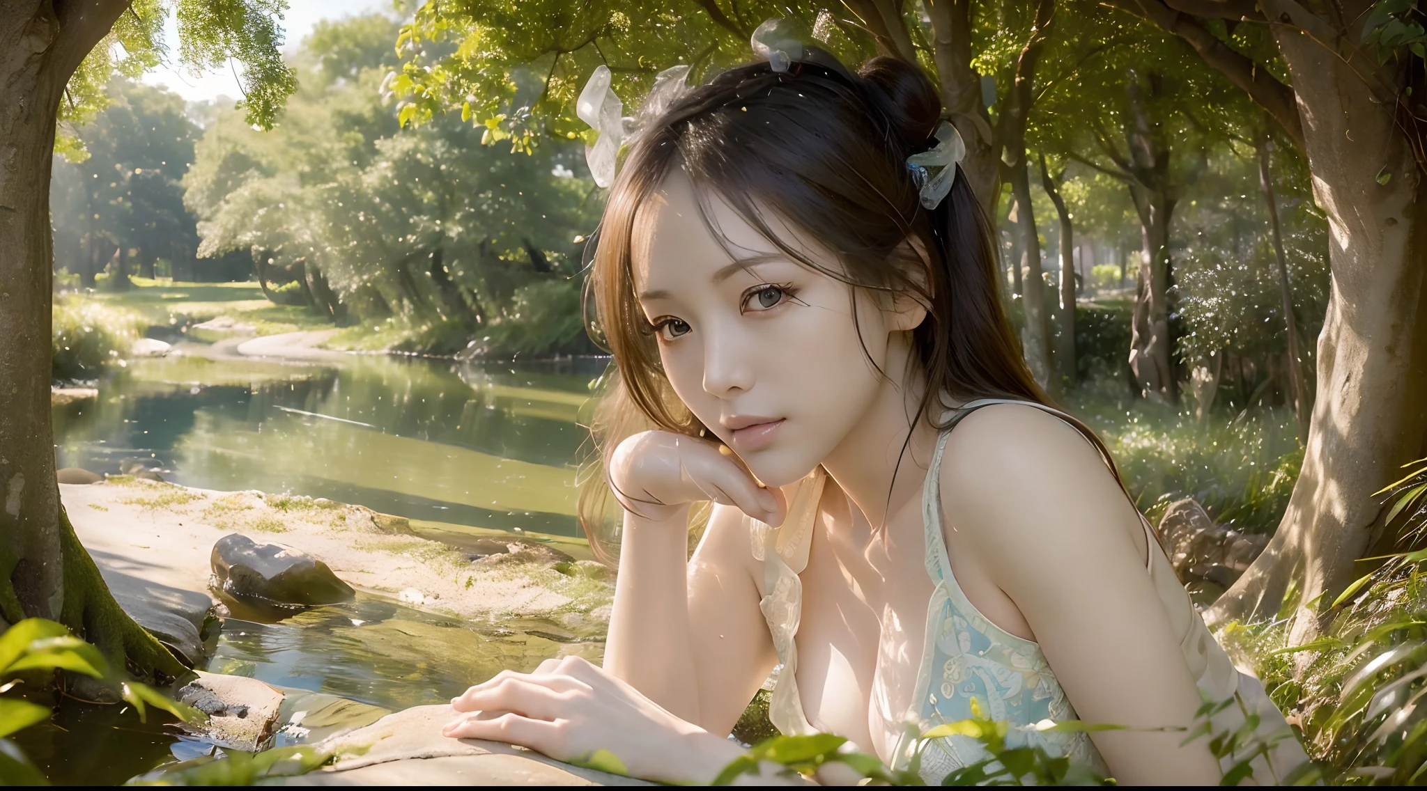 (best quality,high resolution,photo-realistic:1.37), vibrant atmosphere, a woman by the lake, exquisite face, detailed eyes, lush greenery, soft sunlight, calm water, relaxed mood, peaceful surroundings, serenity, comfortable seating, gentle breeze, joyful scene, harmonious colors, tranquility, dragon-shaped smoke, Zhao Fu