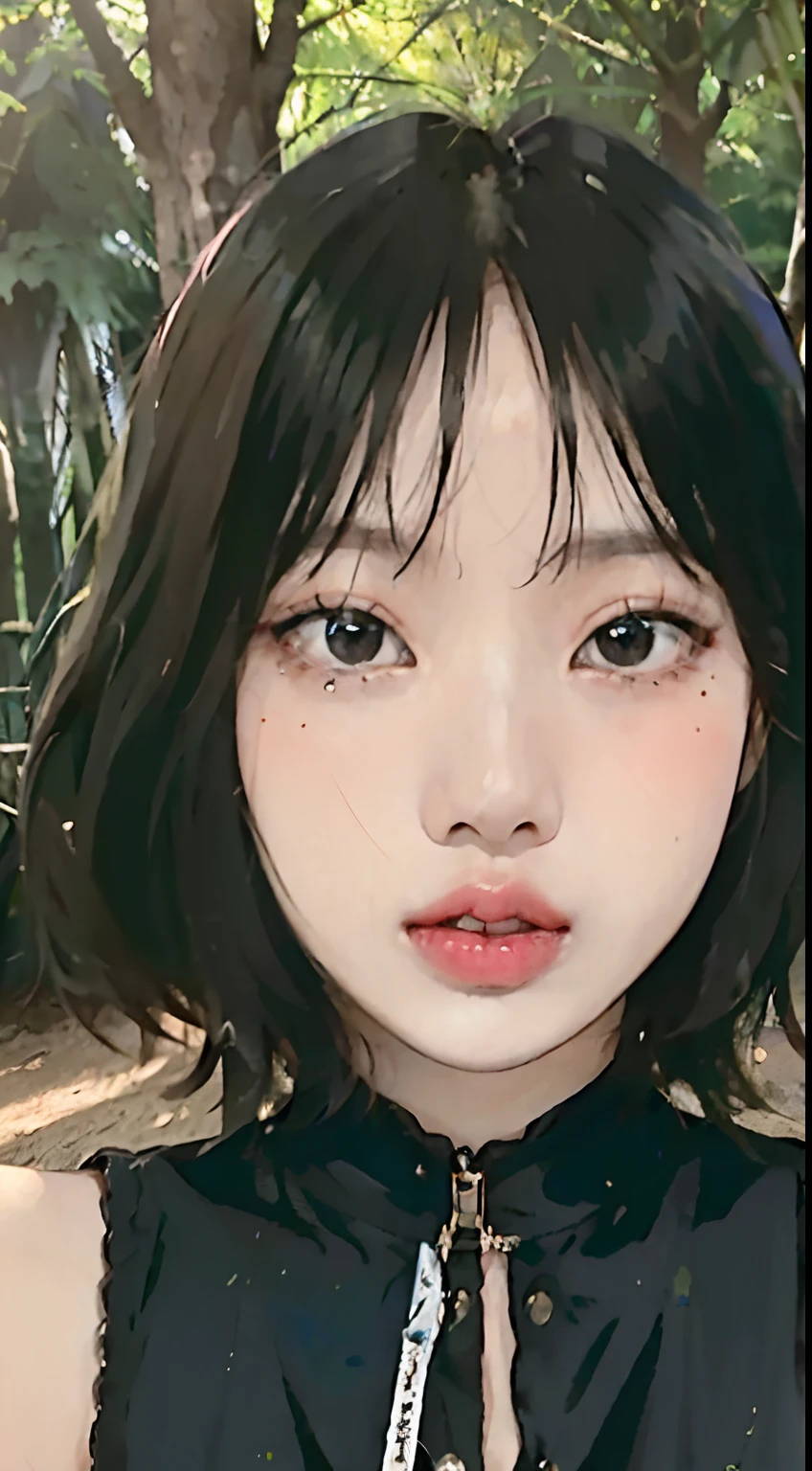 ((Lisa from Blackpink)), t-shirt, tiny pleated skirt, waist-high black tights, high heels, face close-up, very fair skin, short hair, wavy hair, camp, forest, photorealistic, indirect lighting, volumetric light, ray tracing, hyperdetailed, best quality, high resolution, HDR, 8k