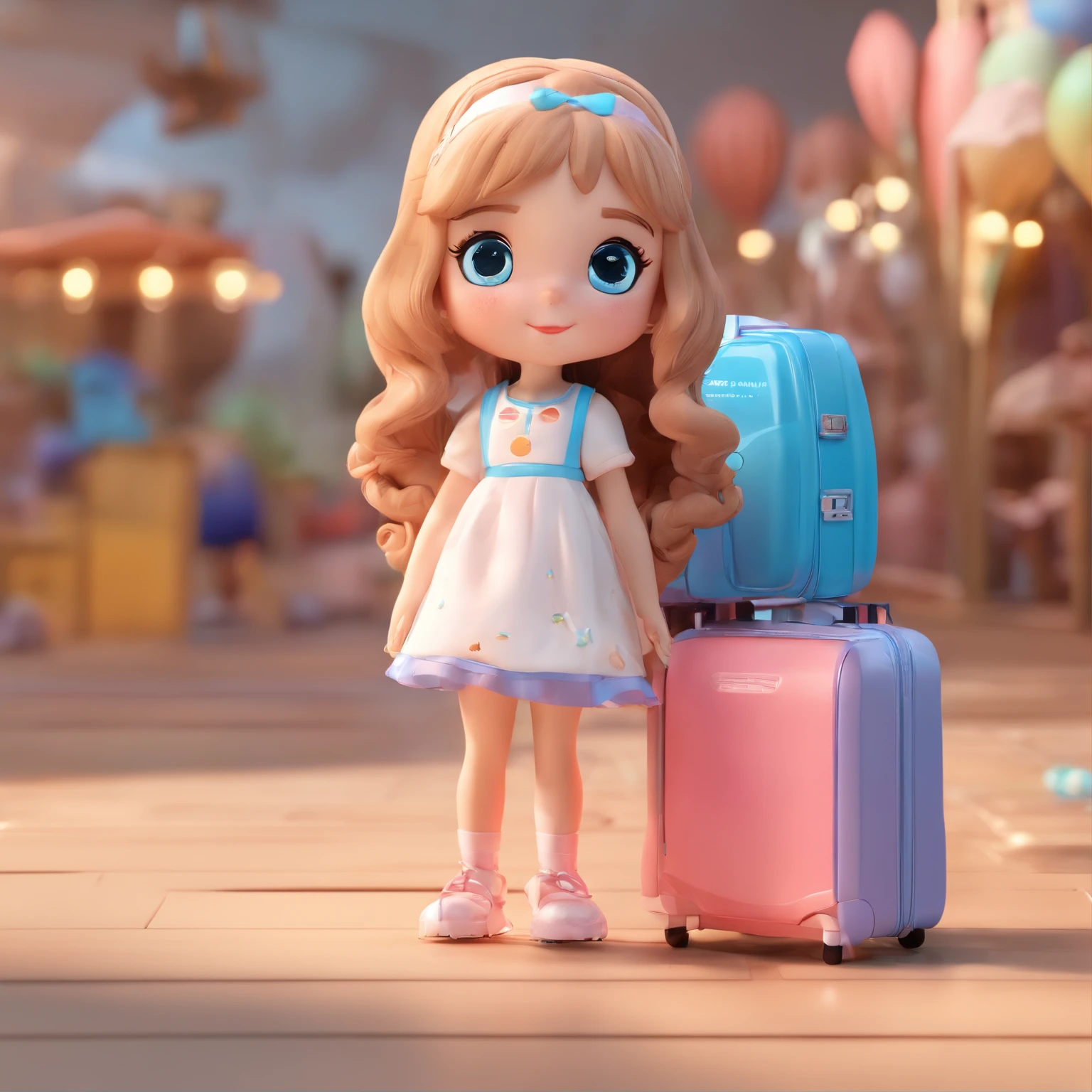 super cute IP girl by pop mart, long hair, bright eyes, cherub,Little white dress, clay, Models, a blind box toy, Bright and delicate,airport background, Good shine, suitcase in hand, 3D rendering of,best quality