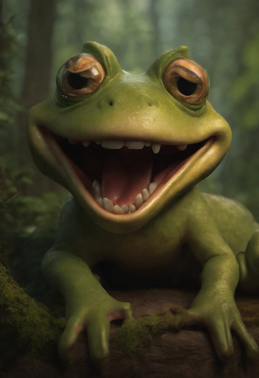 a close up of a cartoon character with a big smile, concept art by Andrew Ferez, behance contest winner, pop surrealism, award winning creature portrait, frogfolk, full color illustration, anthropomorphic creature, humanoid frog monster, dzo, epic full color illustration, full art illustration, frogzilla creature, detailed creature, exquisite creature poster art