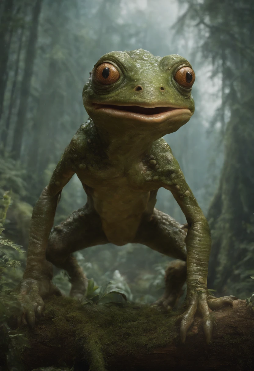 a close up of a cartoon character with a big smile, concept art by Andrew Ferez, behance contest winner, pop surrealism, award winning creature portrait, frogfolk, full color illustration, anthropomorphic creature, humanoid frog monster, dzo, epic full color illustration, full art illustration, frogzilla creature, detailed creature, exquisite creature poster art