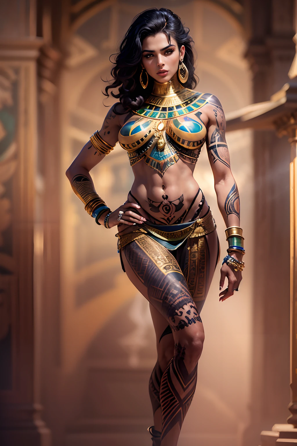 (masterpiece), ((entire body in frame), one beautiful Egyptian supermodel in her 20s, dynamic poses, stylish, ultra-realistic, best quality, highly detailed, tattoos, dramatic lighting from below, beautiful desirable body