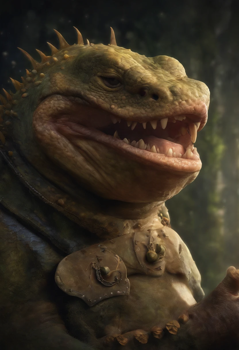 a close up of a cartoon character with a big smile, concept art by Andrew Ferez, behance contest winner, pop surrealism, award winning creature portrait, fishfolk, full color illustration, anthropomorphic creature, humanoid fish monster, dzo, epic full color illustration, full art illustration, fishzilla creature, detailed creature, exquisite creature poster art