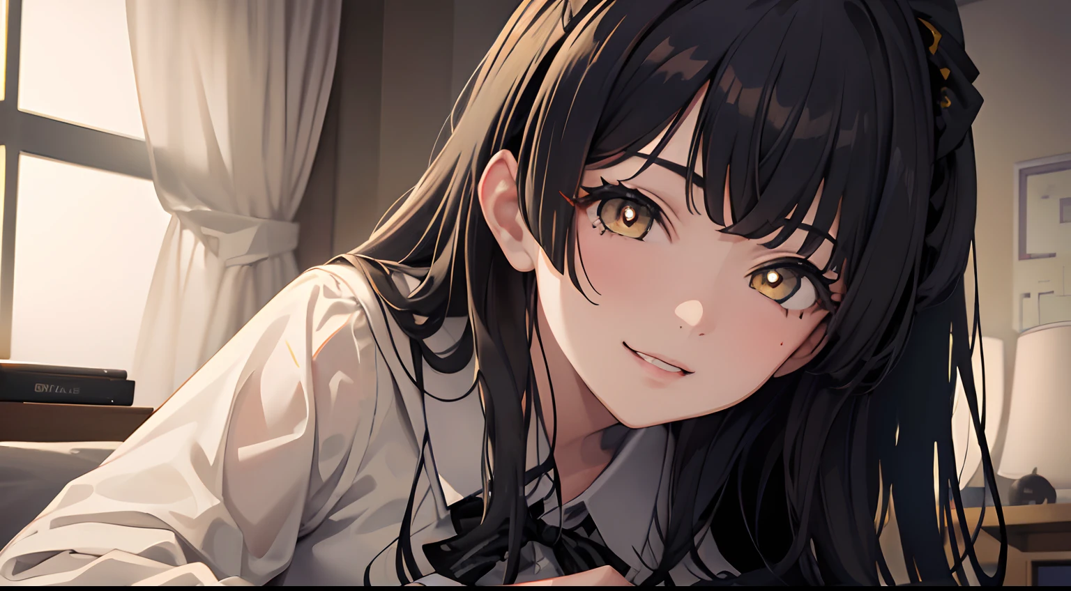 masterpiece, best quality, 1girl, black hair, ,yellow eyes, school uniform, pajama, bedroom, dark lighting, smiling, closed up, detailed eyes, detailed facial features, realistic and high resolution (best quality, 4k, 8k, highres, masterpiece:1.2).